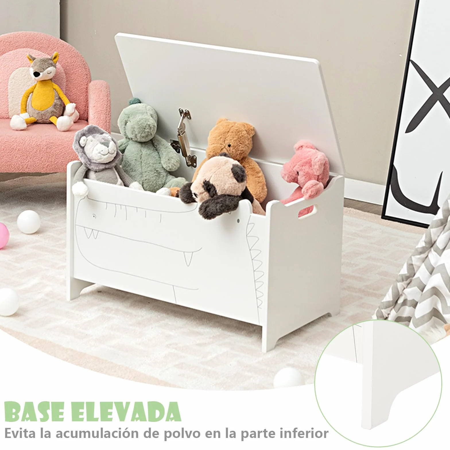 COSTWAY Caja de Almacenamiento de Juguetes de Madera, Cajón Infantil con Bisagra de Seguridad 33x60x37,5cm Blanco