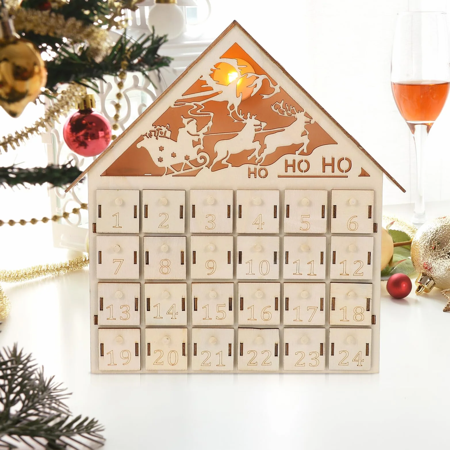 GLEAVI Calendario de Adviento de Madera Iluminado Calendario Reutilizable de Rellenables para Regresiva de Navidad Decoración de Mesa Rústica con Luz LED para Tradiciones Familiares