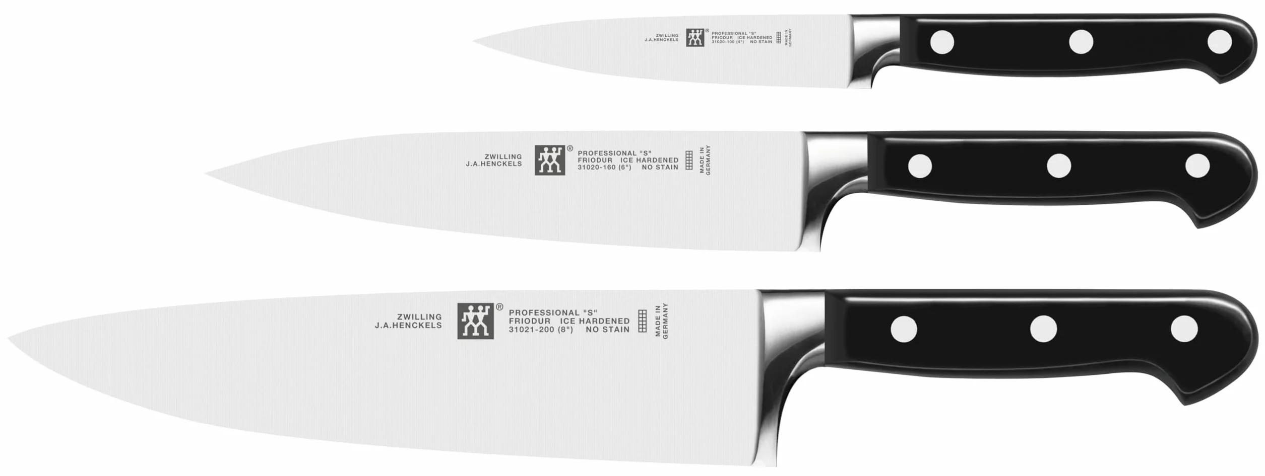 ZWILLING Juego de cuchillos, 3 piezas, cuchillo para manteca de cerdo, cuchillo para carne, cuchillo de chef, Mango especial de acero inoxidable/plástico, Professional S