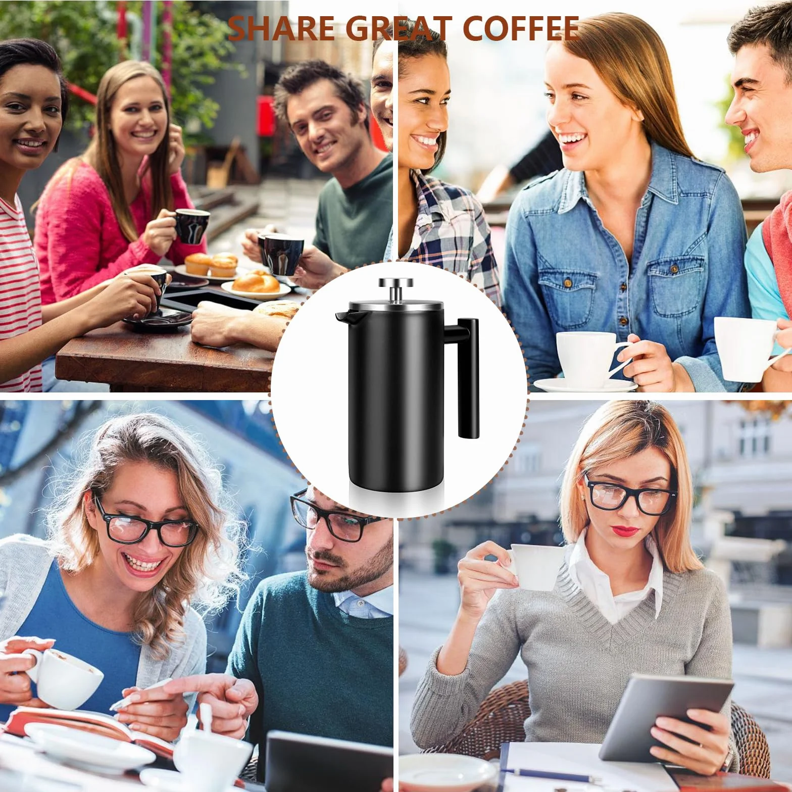 SZHETEFU French Press - Cafetera de prensa francesa grande aislada de acero inoxidable de alta calidad, capacidad de 4 a 6 tazas, cafetera de émbolo de prensa francesa, color negro