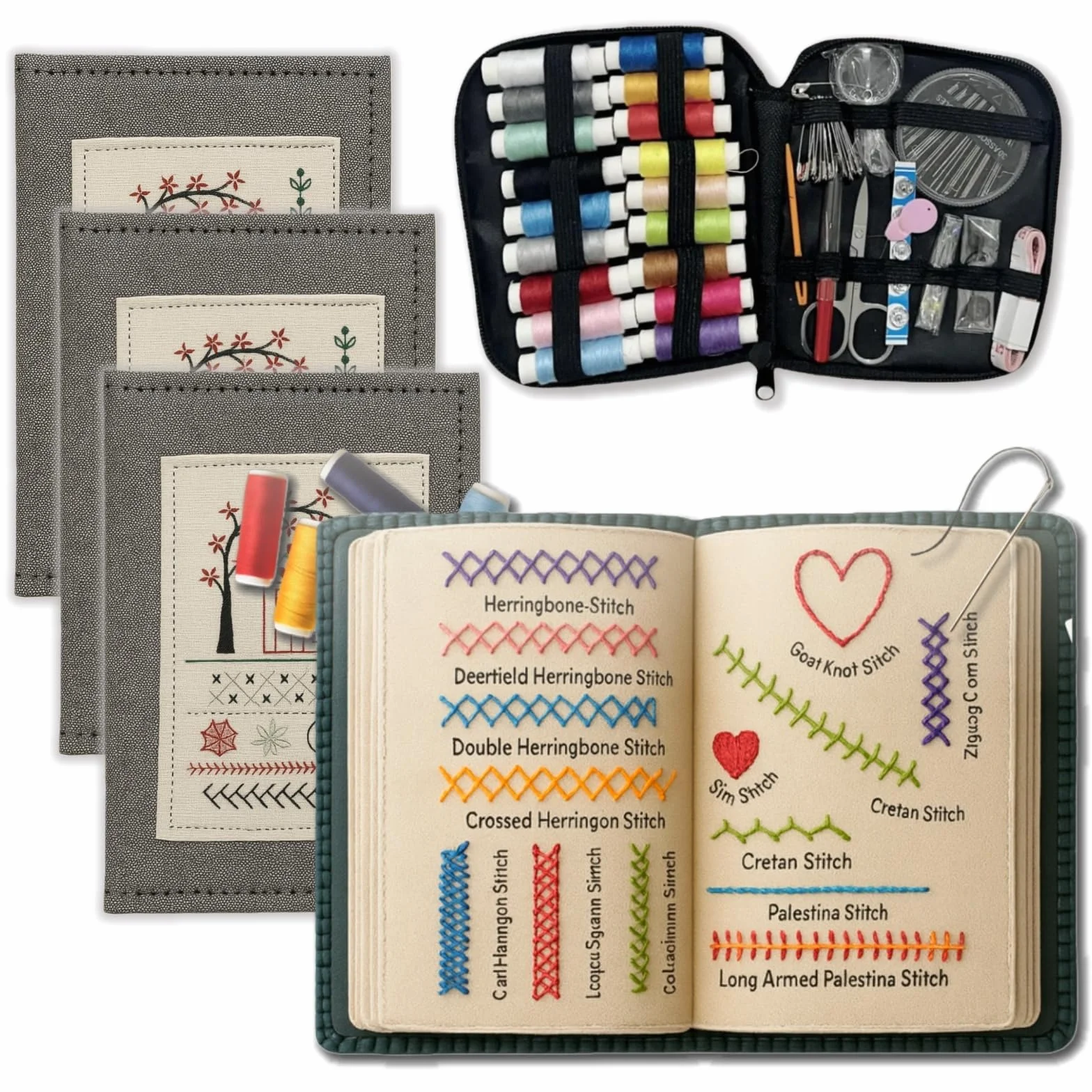 bergxperten embroom embroidery stitch book libro de bordado con kit de herramientas puntos de bordado manual guía paso a paso para principiantes y aficionados incluye aguja hilo tijeras tejido DIY