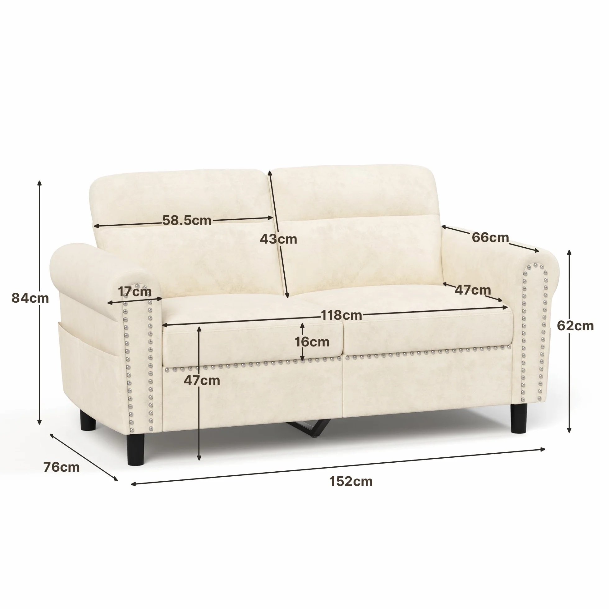 Sofá de 2 Plazas, Loveseat con Bolsillo Lateral, Sofá de Dos Plazas con Cojines Extraíbles para Salón, Dormitorio, Oficina, 152 x 76 x 84 cm (Beige)