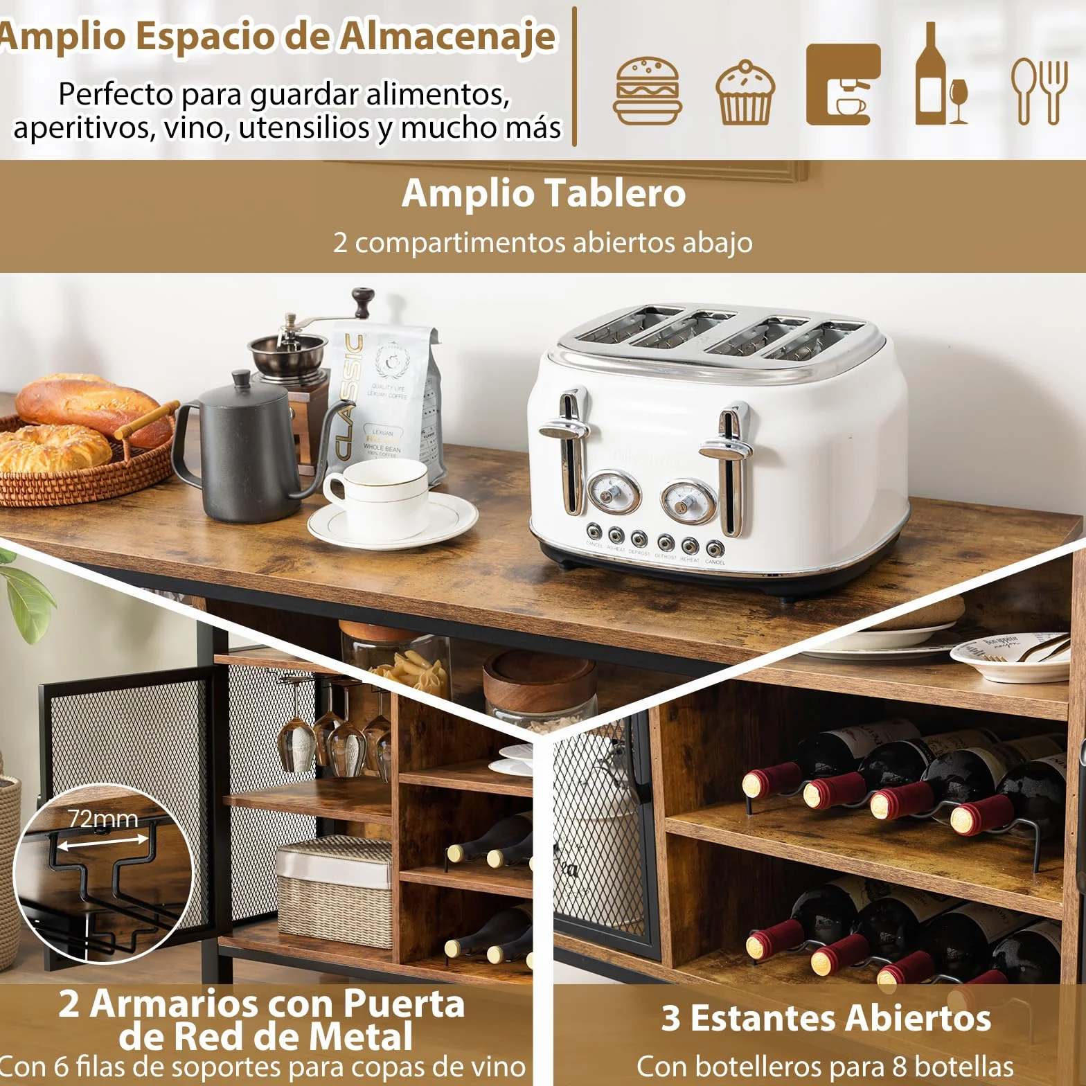 GOPLUS Mueble para Vinos, Estación de Café de 140 Cm con Estantes para 8 Botellas de Vino y Soportes para Copas, Aparador de Cocina con Almacenamiento para Comedor, Sala de Estar (Marrón)