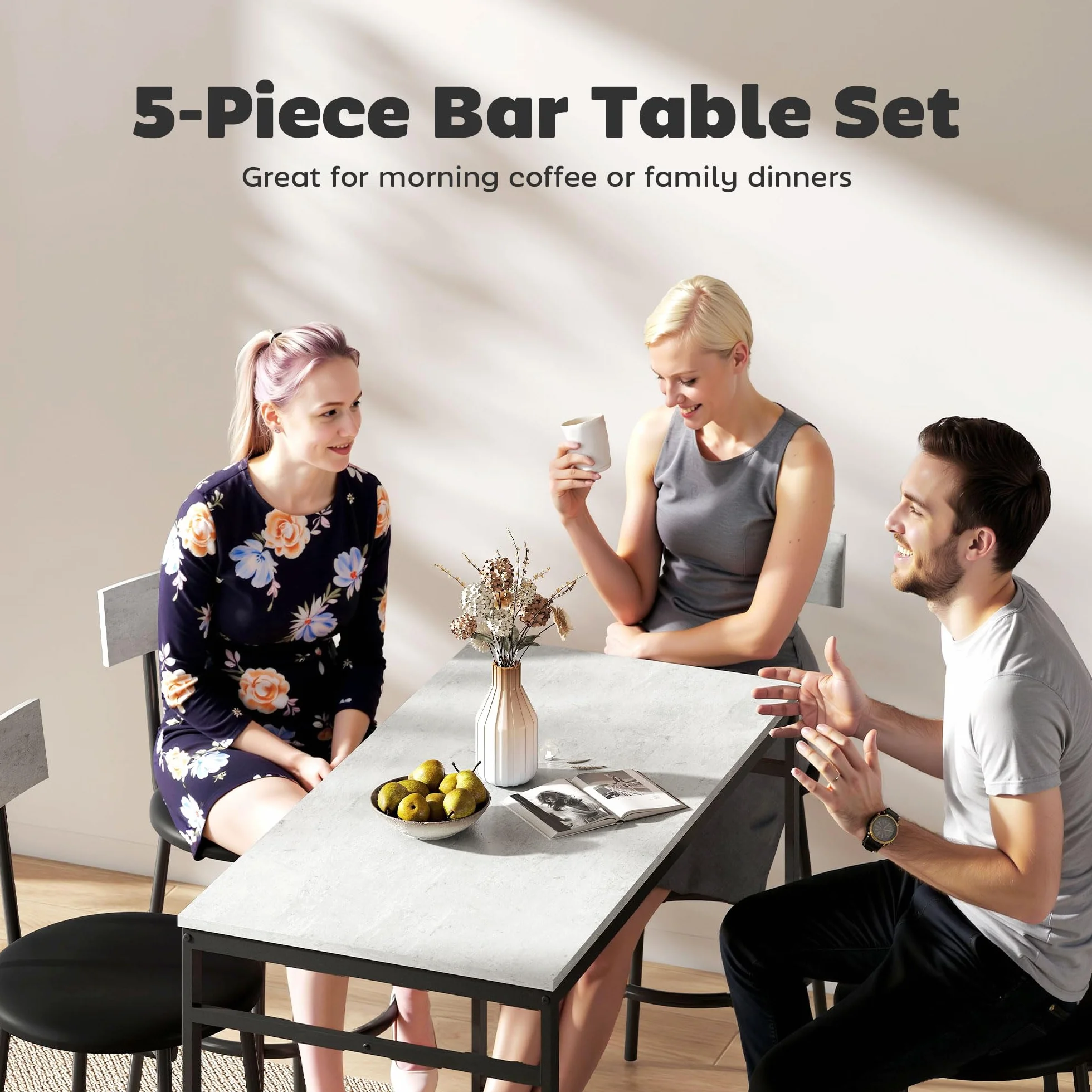 HOMCOM Juego de Mesa de Bar con 4 Taburetes de Cuero PU, Sillas de Bar y Cocina Ahorran Espacio, Patas de Acero, Estilo Moderno, Mesa Alta para Comedor