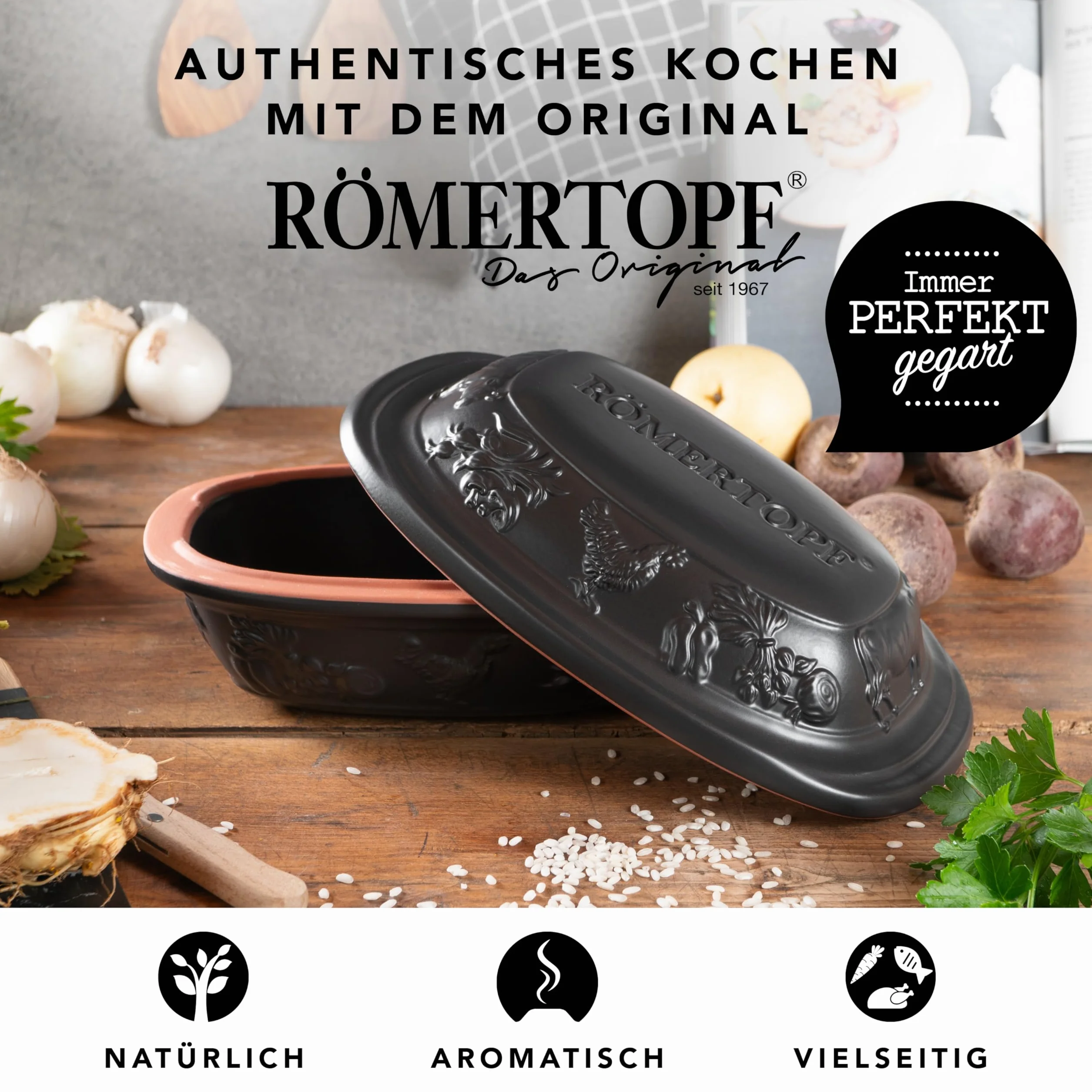 Römertopf RUSTICO – Cazuela individual de cerámica con tapa, 1,2 L para 1 persona, para guisar y asar, apta para horno y lavavajillas, negro