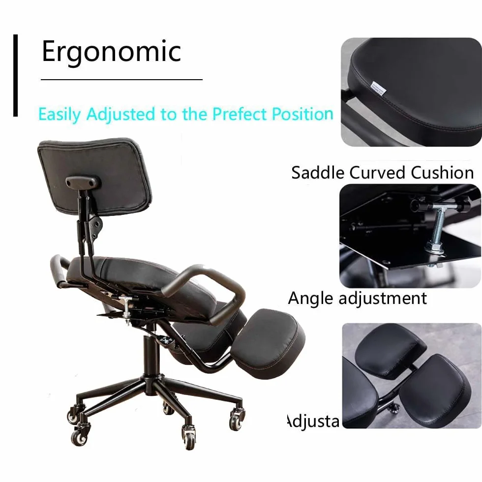 Silla de escritorio de rodillas para oficina con soporte de espalda, altura y ángulo ajustables, postura vertical sentada, cojines gruesos y cómodos, color negro, YDM-1458-2CF