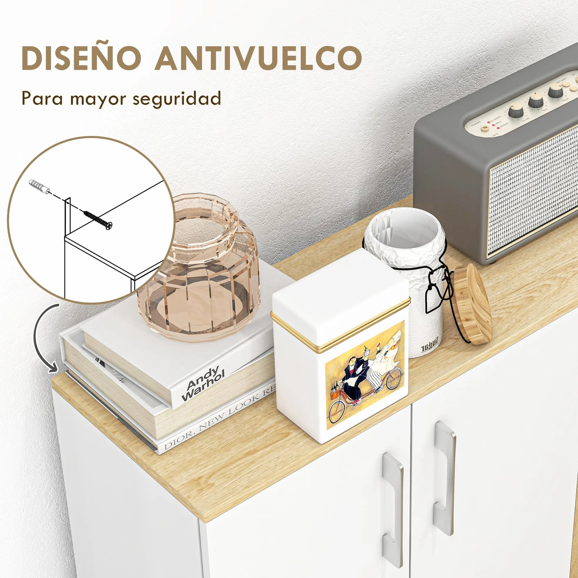 HOMCOM Aparador de Salón Moderno con 2 Cajones y 2 Armarios 90x30x75,5 cm Blanco y Natural