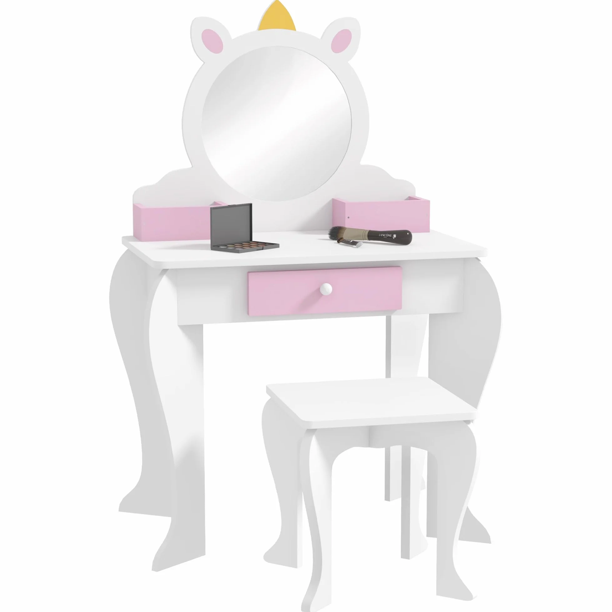 Tocador Infantil con Taburete y Espejo, Diseño Unicornio, Mesa de Maquillaje para Niñas 3-6 Años, Blanco