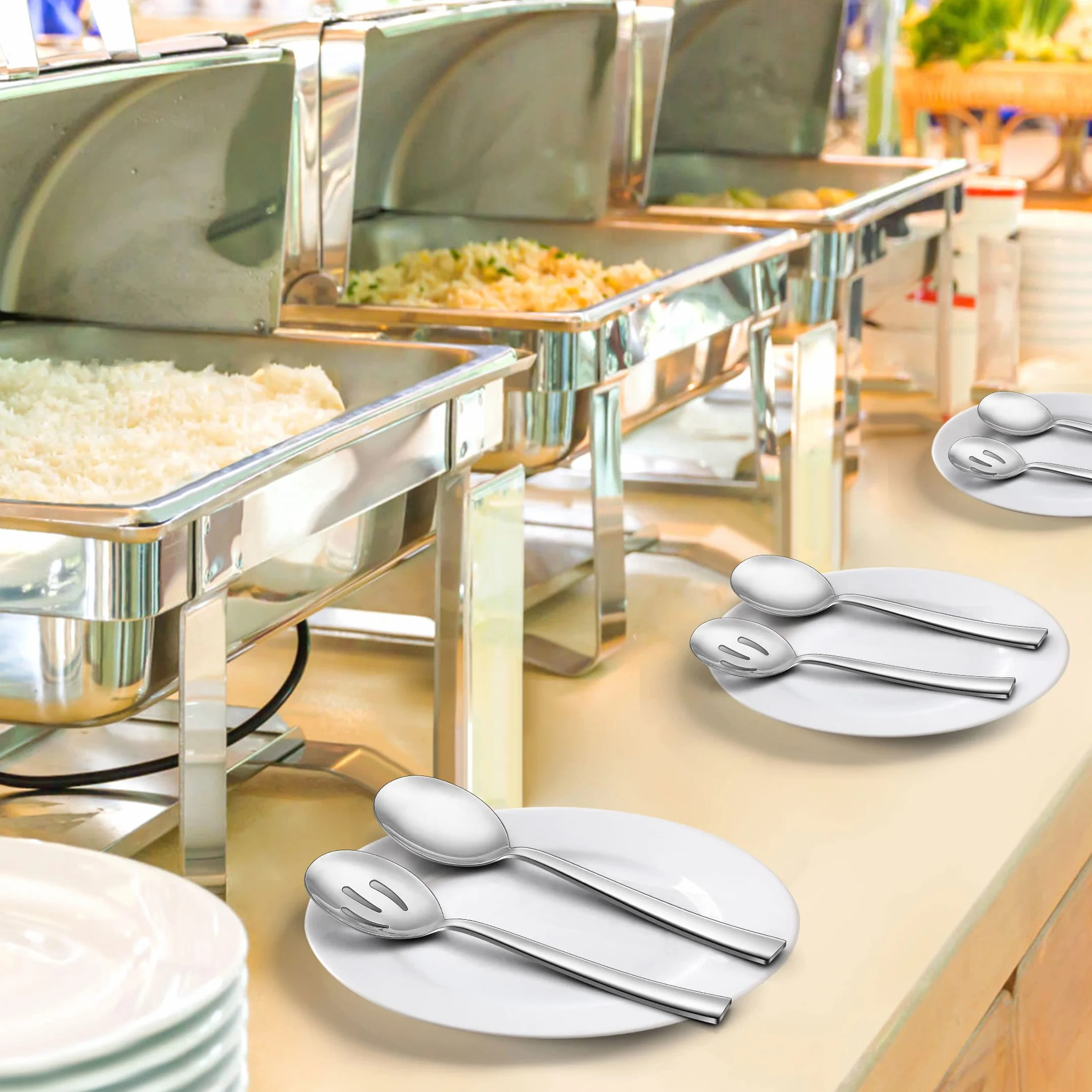 LIANYU 2 cucharas para servir, 2 cucharas ranuradas, 2 tenedores para servir, 8.6 pulgadas de acero inoxidable cucharas de servir tenedores para buffet catering banquete, apto para lavavajillas
