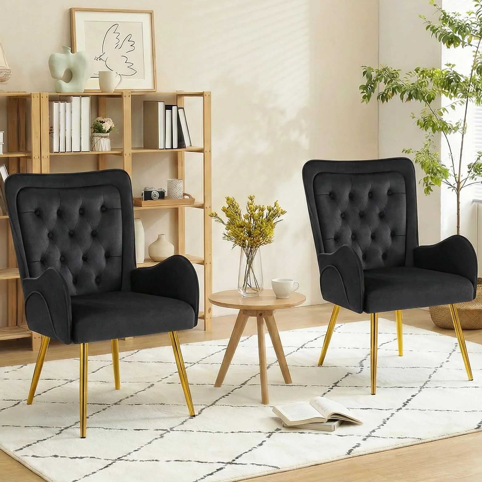 Hellove Pack de 2 Sillones de Salon con Patas de Metal, Butacas Dormitorio Silla Tocador Moderno, Terciopelo Sillón Lectura, Silla Orejero Nordica Escandinavo para Salón Dormitorio Tocador, Negro