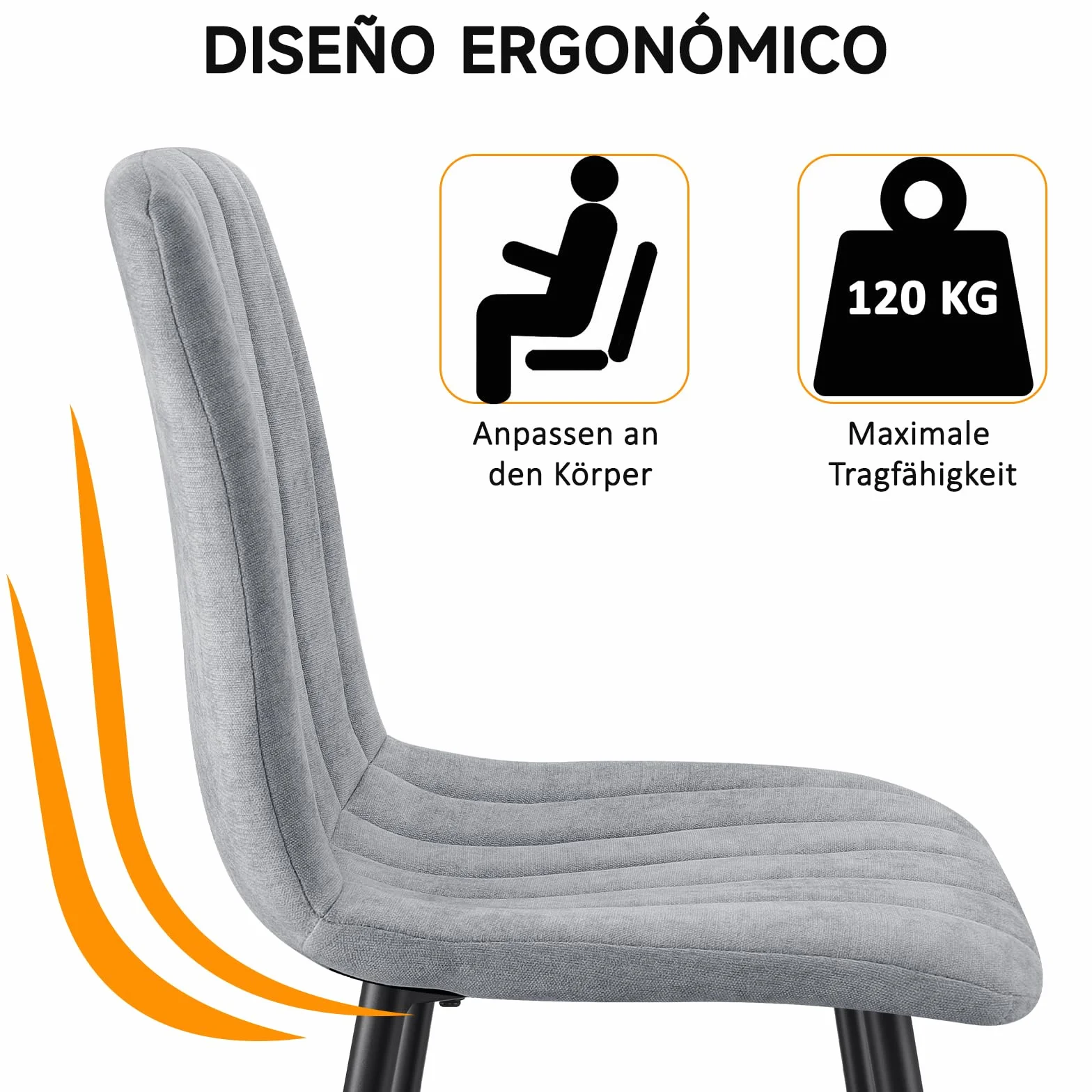 Juego De 6 Sillas De Comedor, Sillas Cocina con Tela De Lino Y Patas De Metal Negro,Silla De Dormitorio,Silla Acolchada,Silla De SalóN,Sillas Comedor Modernas-Gray