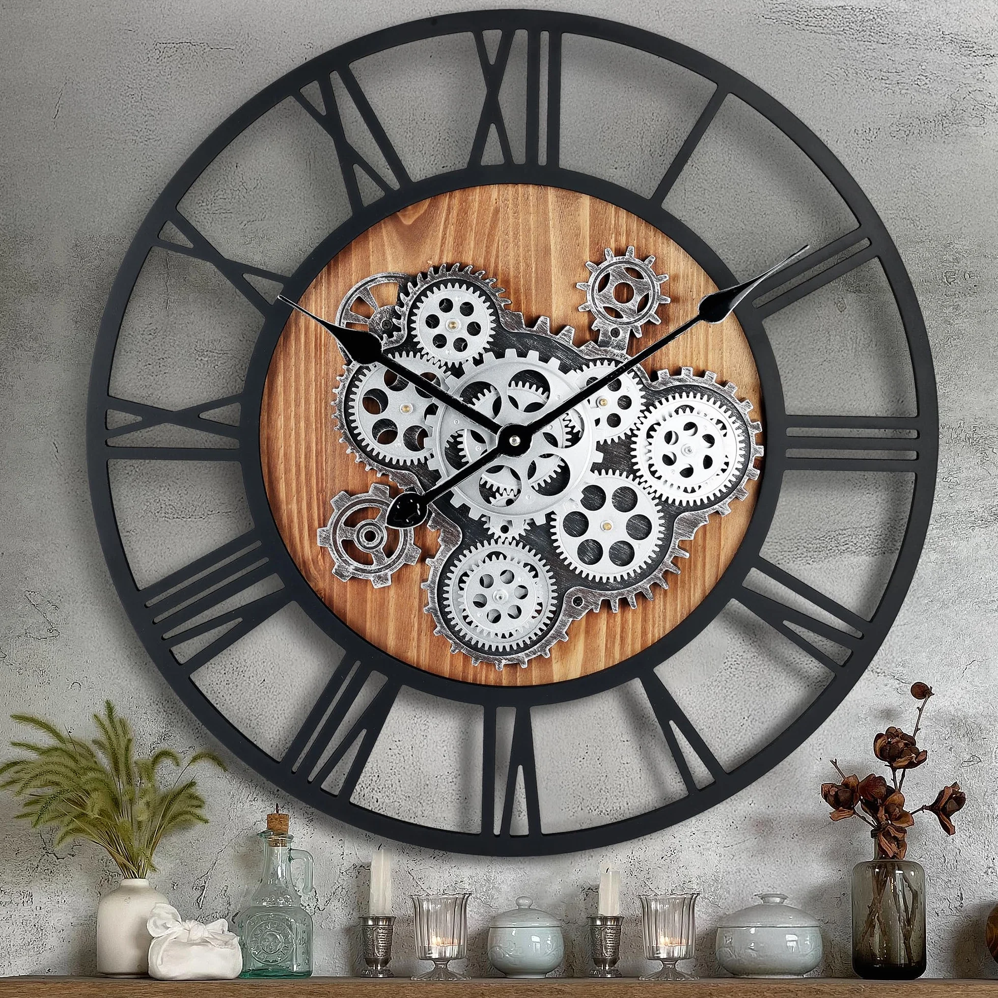 Lafocuse Reloj de Pared Grande Salon Engranajes Giratorios, Vintage Madera Reloj XXL Industrial Steampunk, Números Romanos Retro para Bar Cafetería Cocina 57cm
