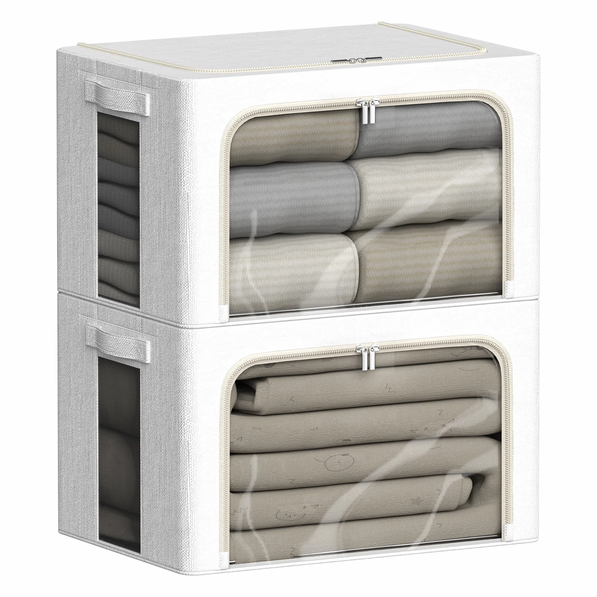 FHSQX Paquete de 2 contenedores de almacenamiento transparentes para ventana, apilables, grandes, de tela de lino, para ropa, organizador plegable con asas de transporte (blanco brillante, 15.7 x 11.8