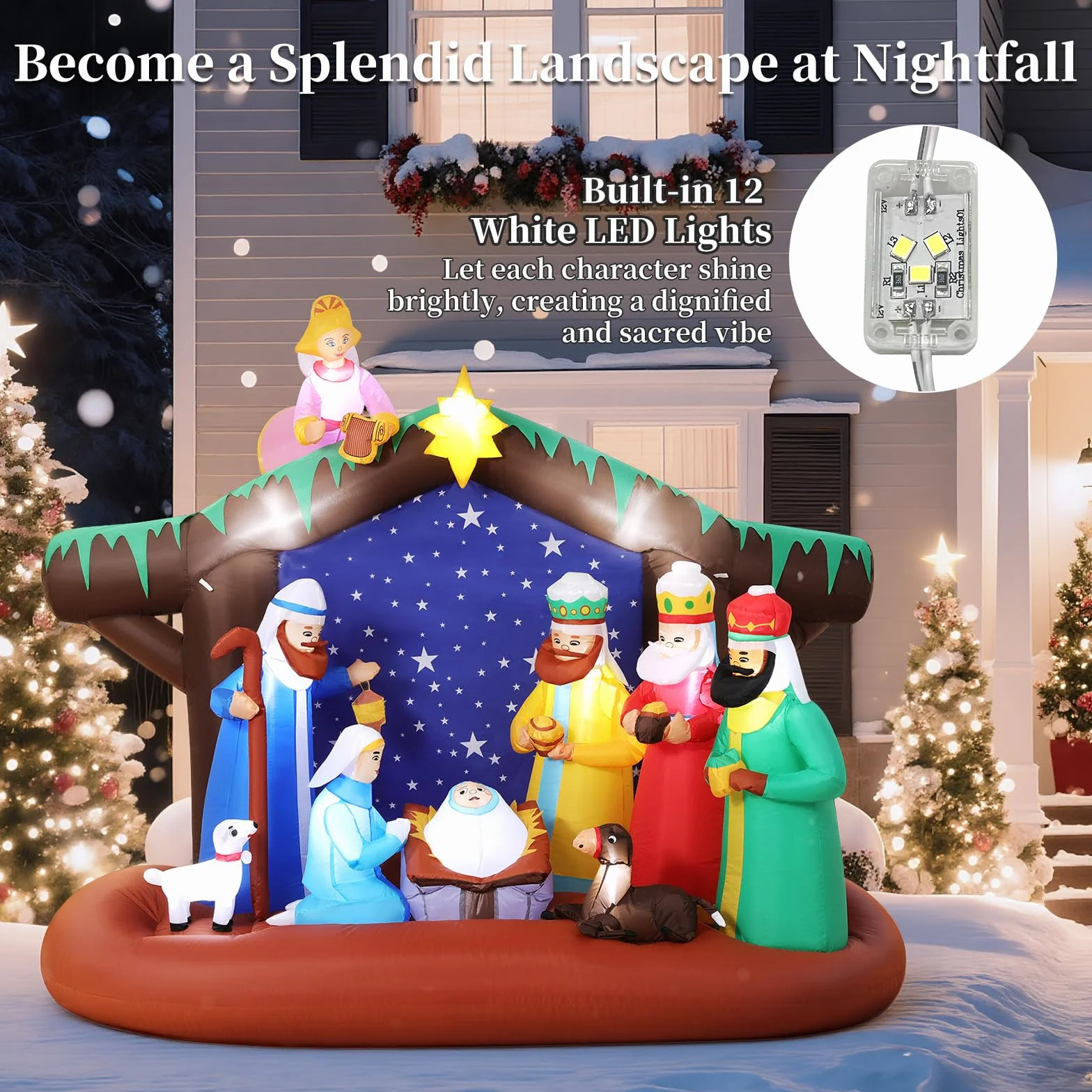 Lewondr Decoraciones Navideñas Inflables Belén para Exteriores, 7FT Inflable Navideño con 12 Luces LED, Iluminado De Belén Impermeable para Decoración Navideña De Jardín