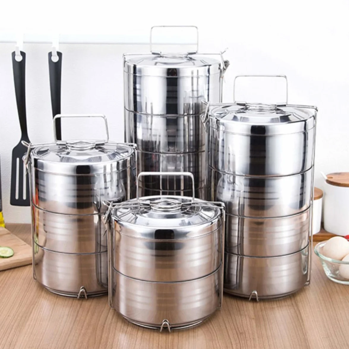 VILLCASE Fiambrera de Acero Inoxidable 4 Niveles, Caja de Almuerzo Térmica que Conserva el Sabor Original y Separa Alimentos, Adecuado para Picnic y Trabajo