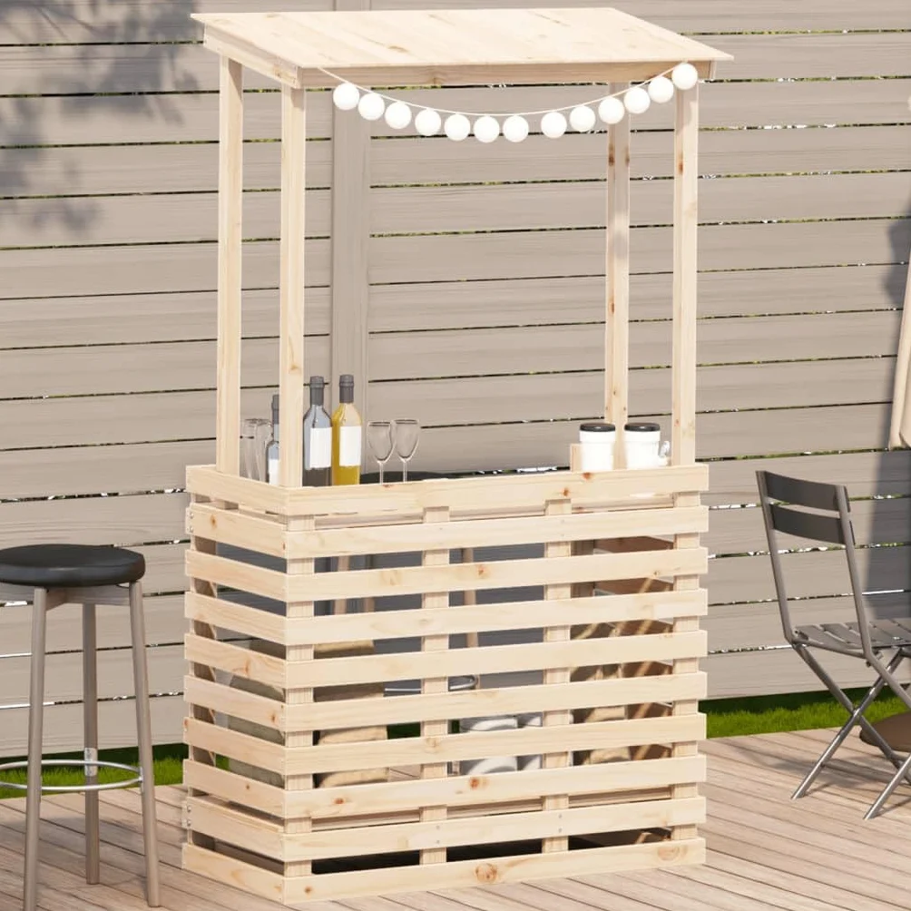 vidaXL Mesa de Bar de Jardín con Techo, Mesita de Barra de Pub, Estante de Almacenamiento, Mueble para Balcón Patio Terraza, Madera Maciza