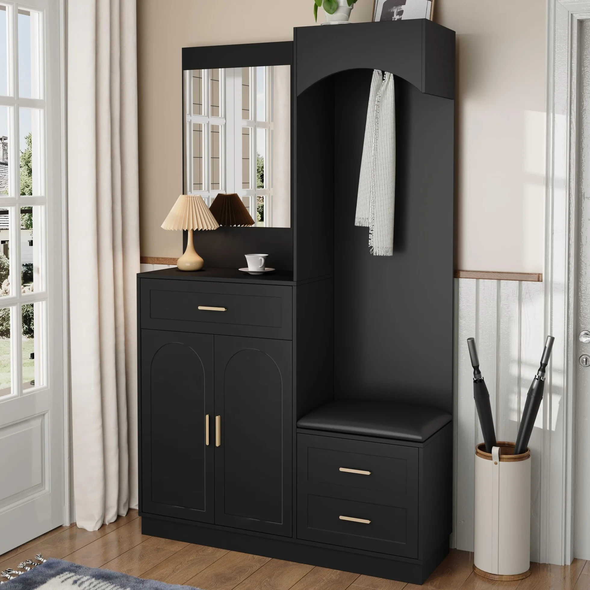 Armario moderno compacto, armario y zapatero, armario de entrada, estante de almacenamiento multifuncional con espejo, 110 x 33 x 185,5 cm (negro)