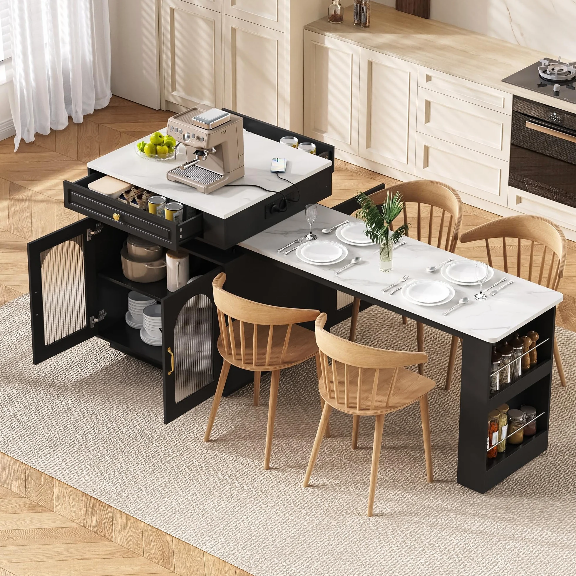 Isla de Cocina con LED, Mesa Extensible con Tablero Extraíble y Regletas de Enchufes, Mesa Alta con Puerta de Cristal y Cajones, Modern Mueble Buffet con Almacenamiento, 128~200×71×92cm (Negro)