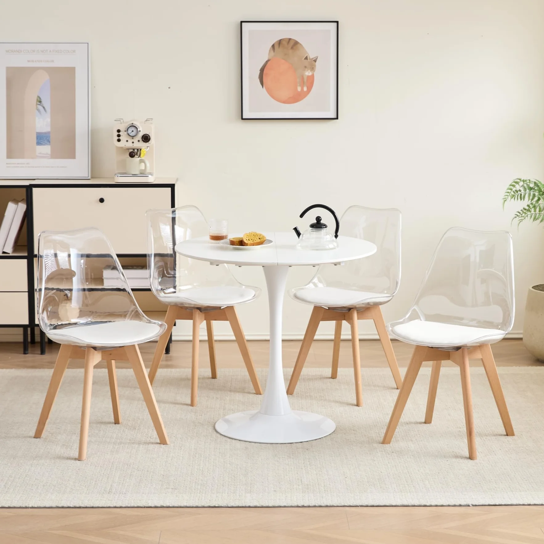 GrandCA HOME Transparente Sillas de Comedor Tapizadas en Tela,Nordicas Sillas Pack 4 para Cocina Comedor Dormitorio (Pack 4, Blanco/Cuero)
