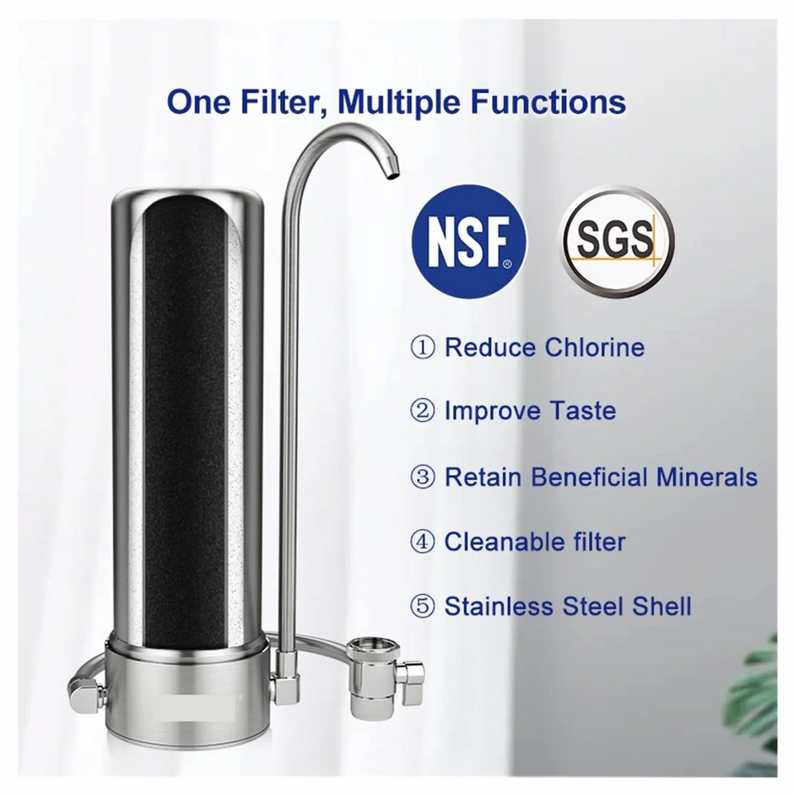 Filtro de agua potable for cocina, filtración encimera, filtro carbón activado cerámica, carcasa acero inoxidable 304 Materiales seguros