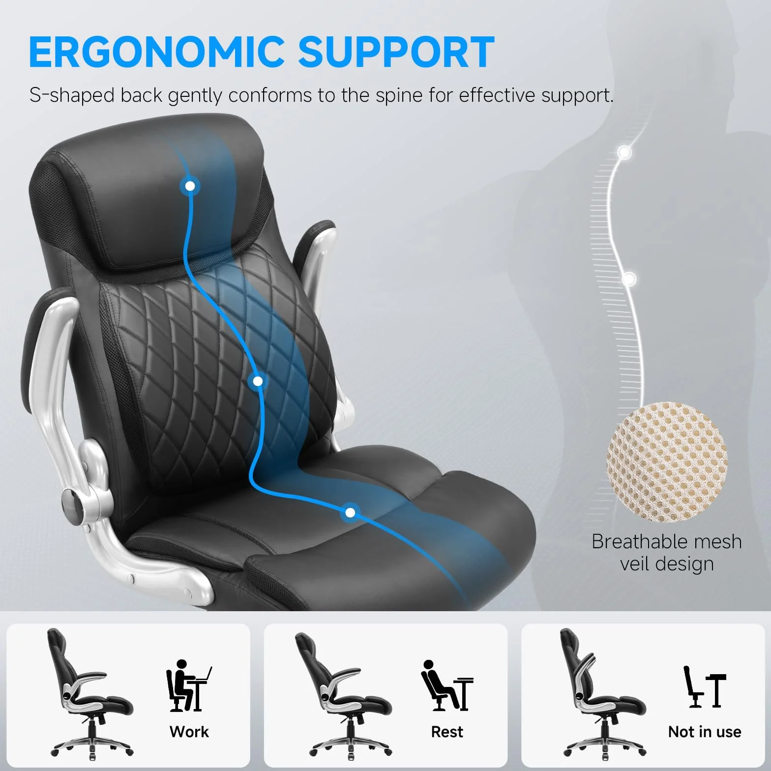 COMHOMA Silla de Oficina ergonómica con reposabrazos Plegables y Respaldo Alto, función basculante, Altura Regulable, Piel Resistente a los arañazos