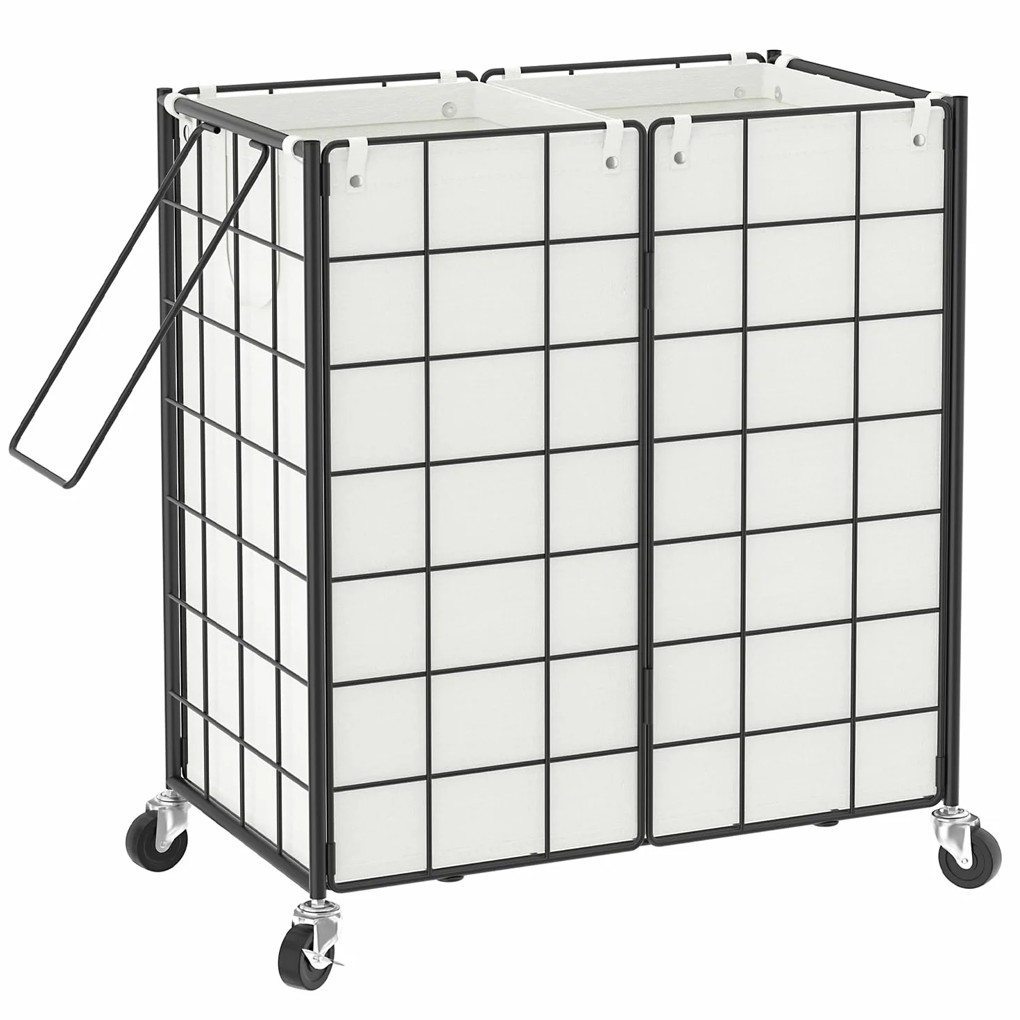 WOWLIVE Cesta doble para ropa sucia con ruedas, marco de alambre de metal con 2 bolsas extraíbles, organizador de ropa sucia de 120 L, almacenamiento para dormitorio, baño, color blanco y negro
