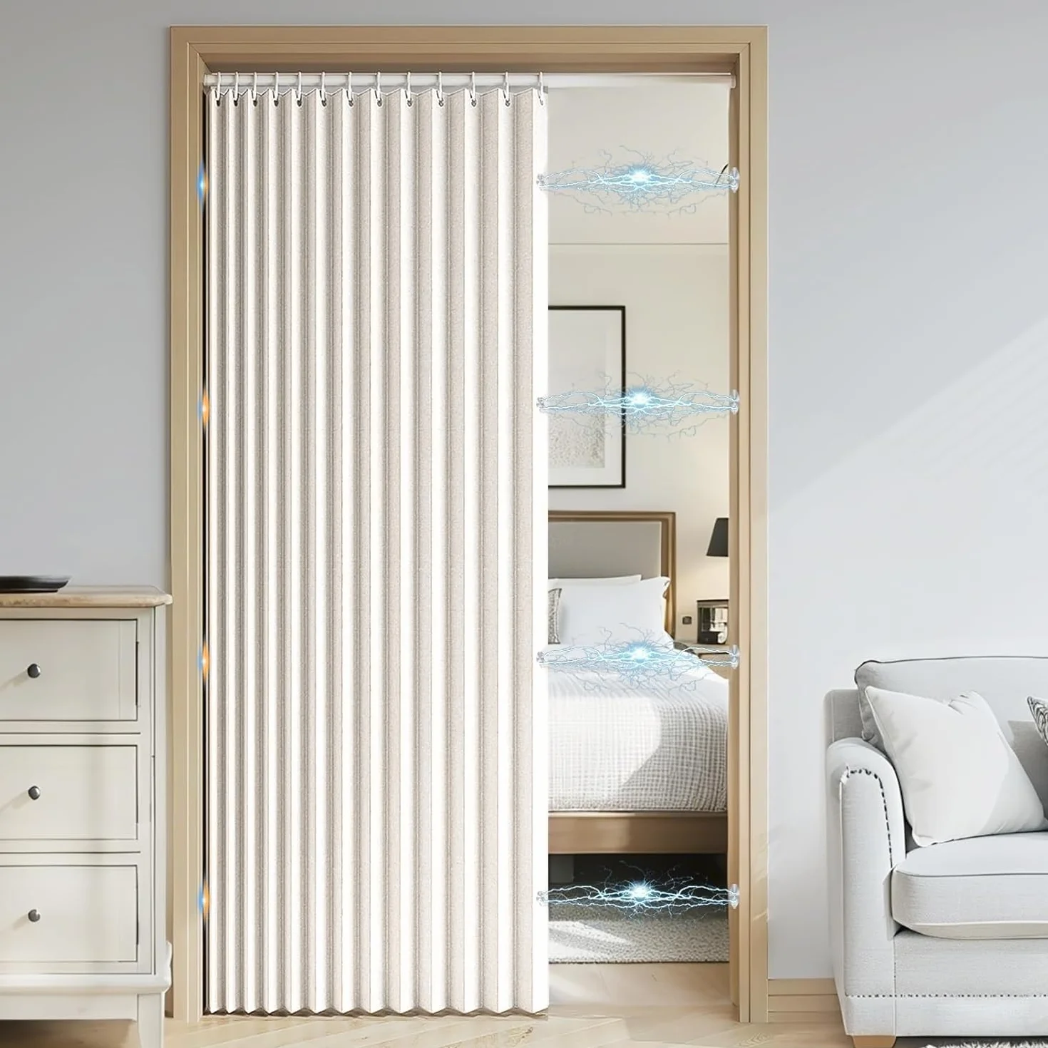 Personalizable Cortina Plegable baño corrediza，Separador de Espacios Interiores，Adecuado para Puertas correderas, armarios-Beige- 220x200cm