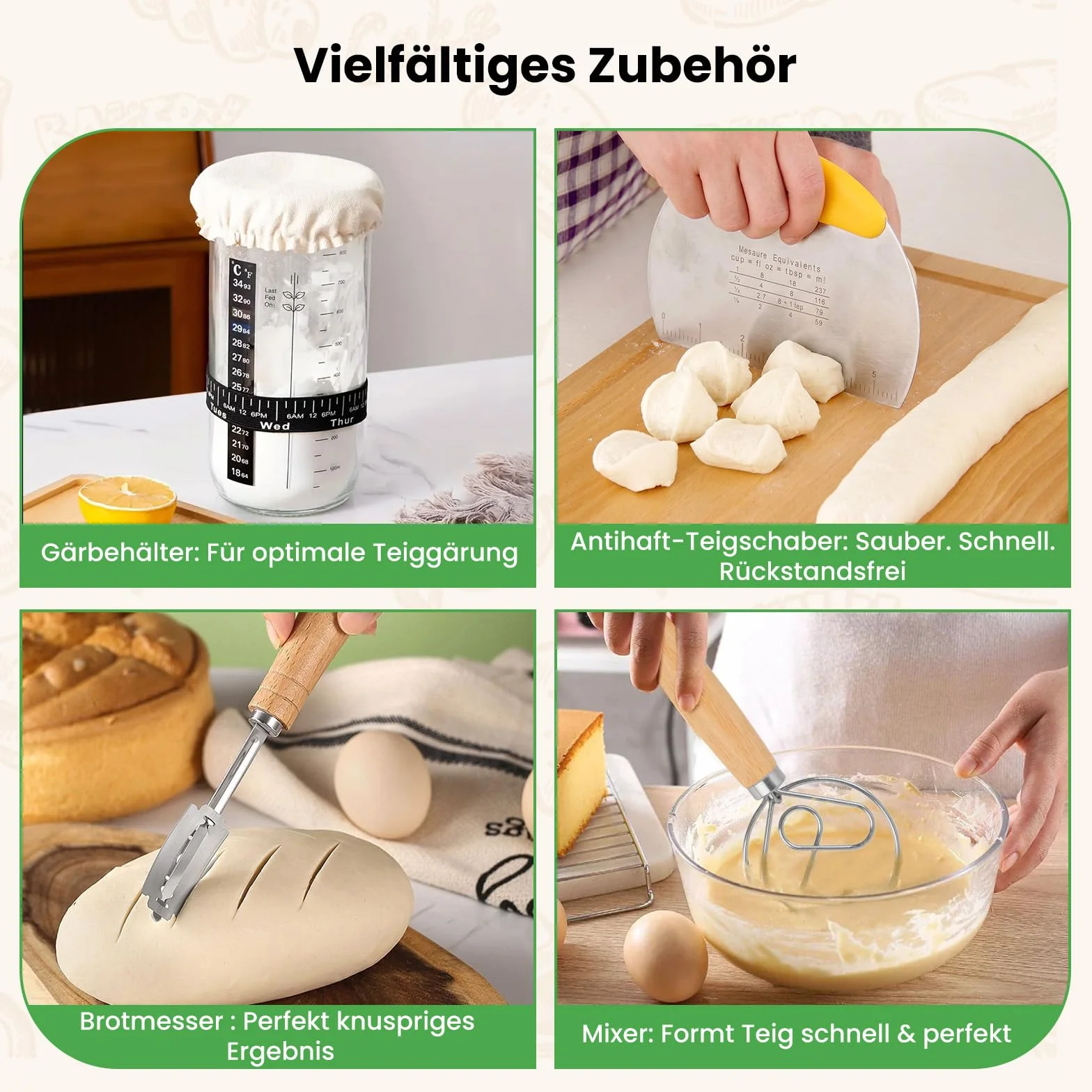 GEEKHOM Juego de inicio de masa fermentada con 2 cestas de levadura de silicona (plegables, aptas para lavavajillas, molde), 16 piezas, juego de inicio con cesta de levadura, alrededor de 23 cm y