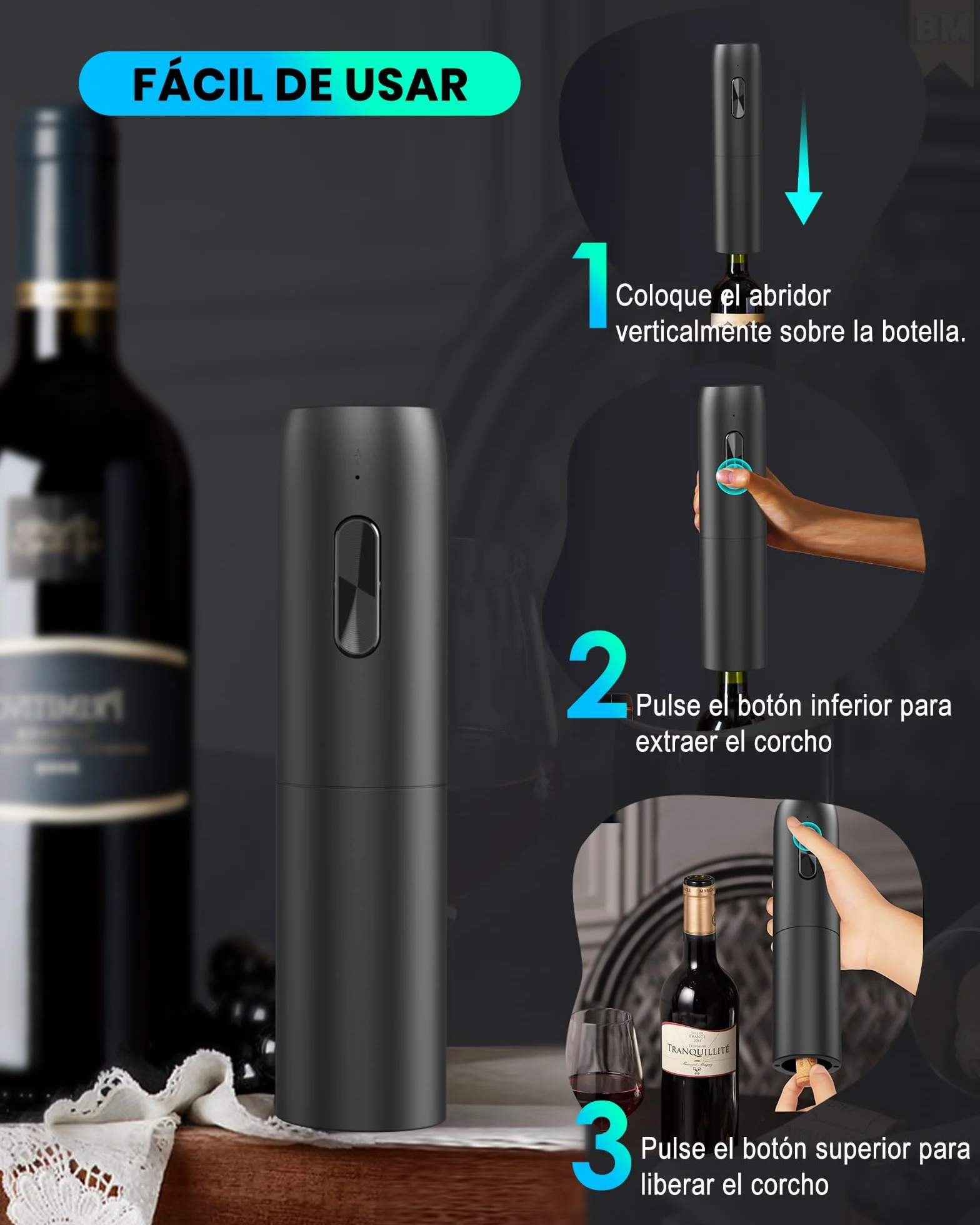 Sacacorchos eléctrico recargable abridor de vino profesional con cable USB