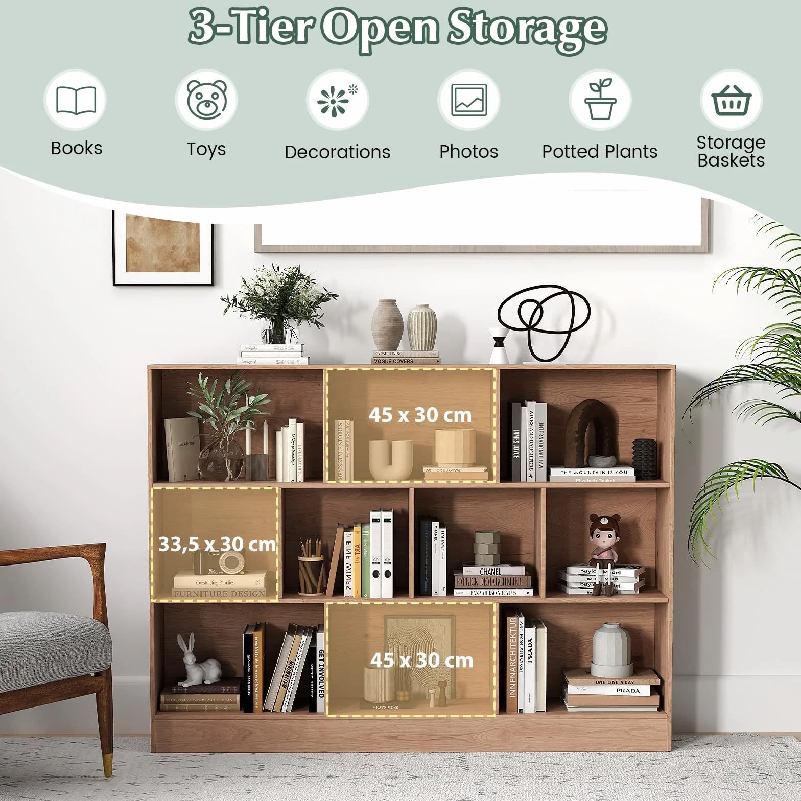 KOMFOTTEU Estantería Abierta con 10 Compartimentos, Librería de 3 Niveles con Dispositivo Antivuelco, Mueble de Almacenamiento para Salón, Oficina (Natural, 140 x 24 x 104 cm)