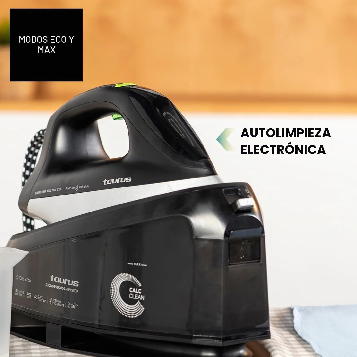 Taurus - Centro Planchado Sliding Pro 3000 Non Stop | 3000W | Vapor 130 g/min | Golpe 400 g/min | Plancha Vertical | Suela Cerámica | ECO y MAX | Depósito 1.5L | Autolimpieza | Bloqueo | Negro