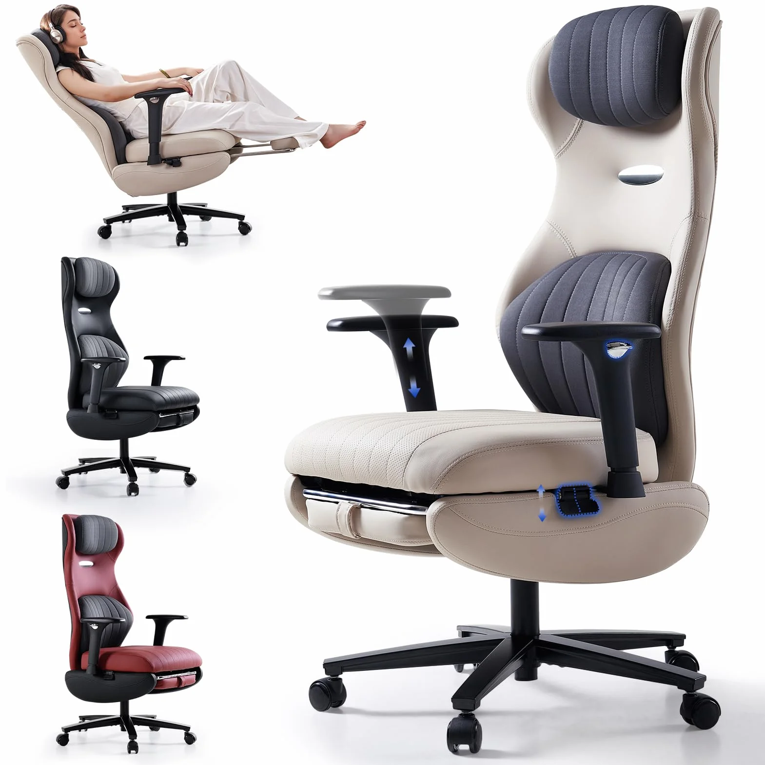 EMIAH Silla Oficina Ergonómica, Silla de Escritorio Reclinable con Reposapiés, Reposabrazos Ajustables, Silla Game de Respaldo Alto, Silla de Ordenador Ejecutiva con Soporte Lumbar, Cuero PU (Blanco)