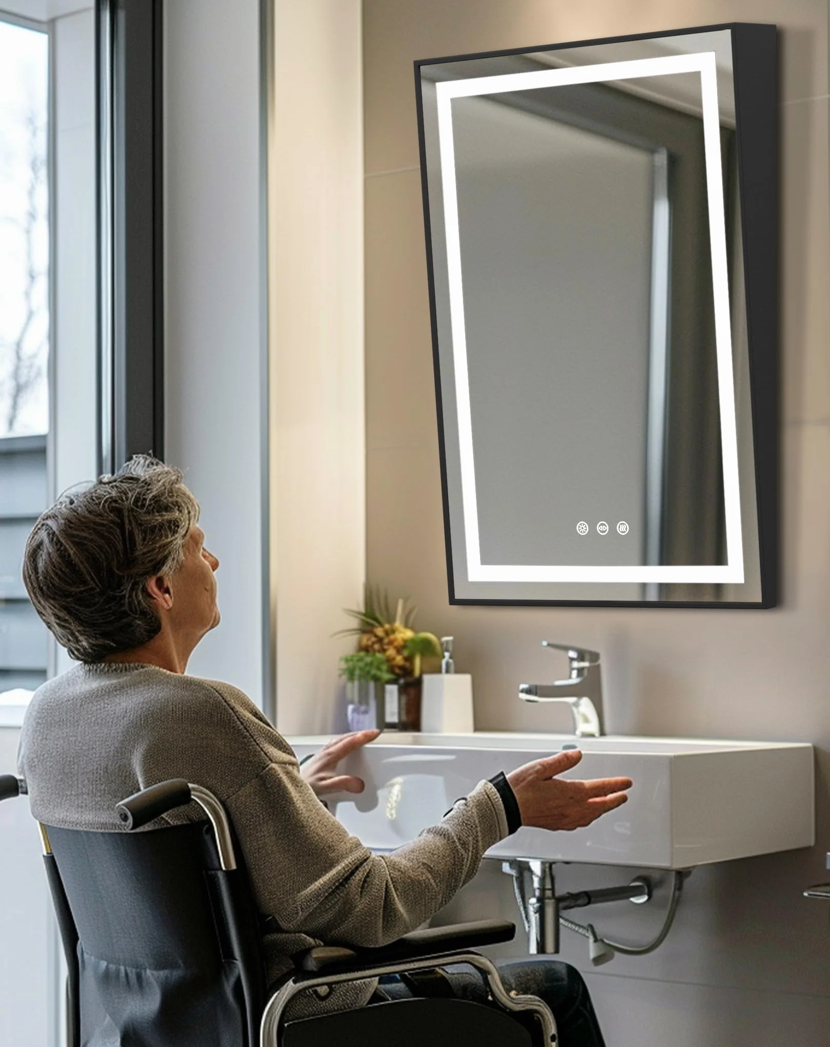 LUVODI Espejo Baño con Luz Pared Reclinable Minusvalidos 60x90 Antivaho Rectangular con Marco Negro 3 Colores de Luz Regulable Función Memoria Apto para Personas en Silla de Ruedas o de Baja Estatura