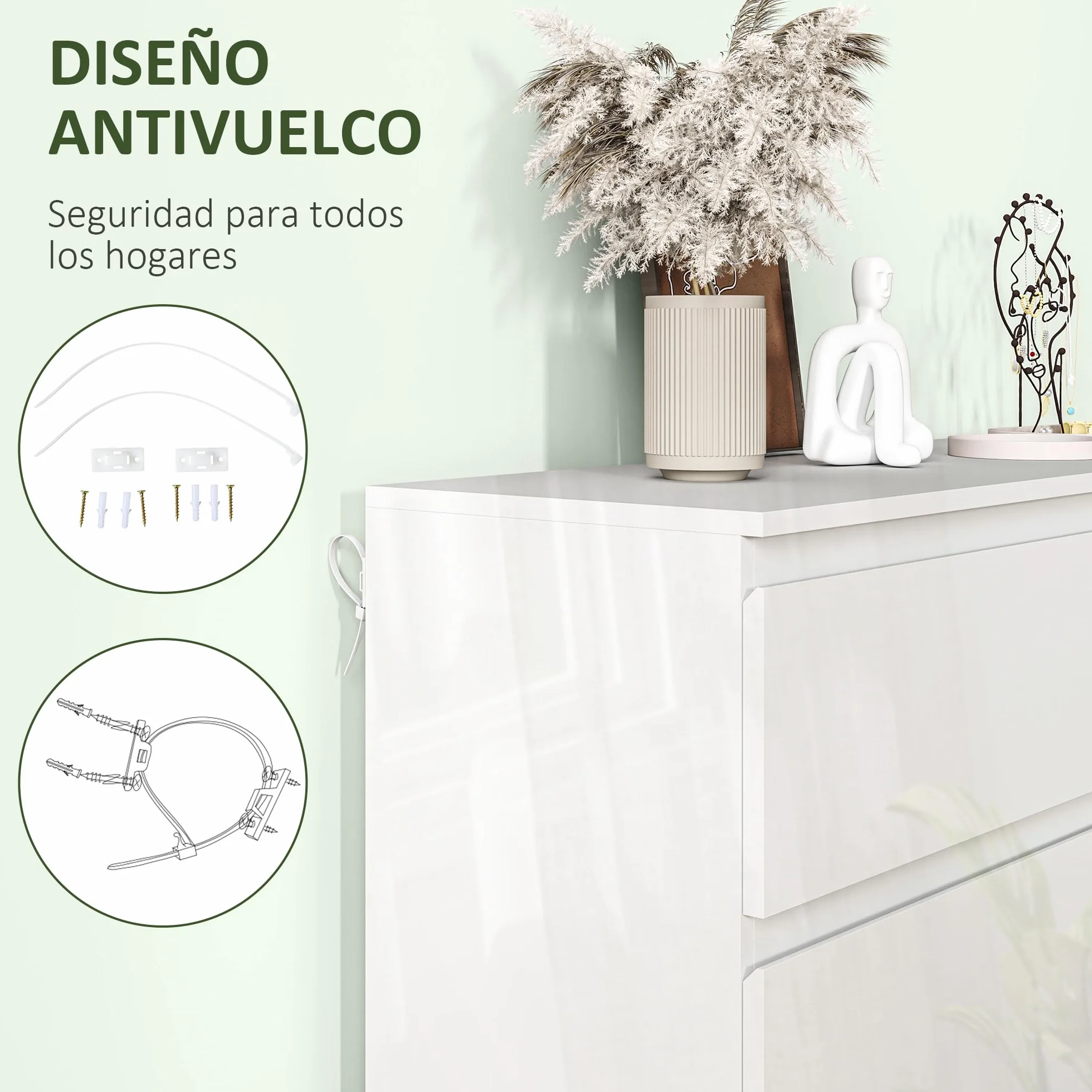 HOMCOM Cómoda con 6 Cajones Cómoda de Dormitorio Moderno con Diseño Anti-vuelco Cajonera para Salón Pasillo 112x34x75 cm Blanco Brillo