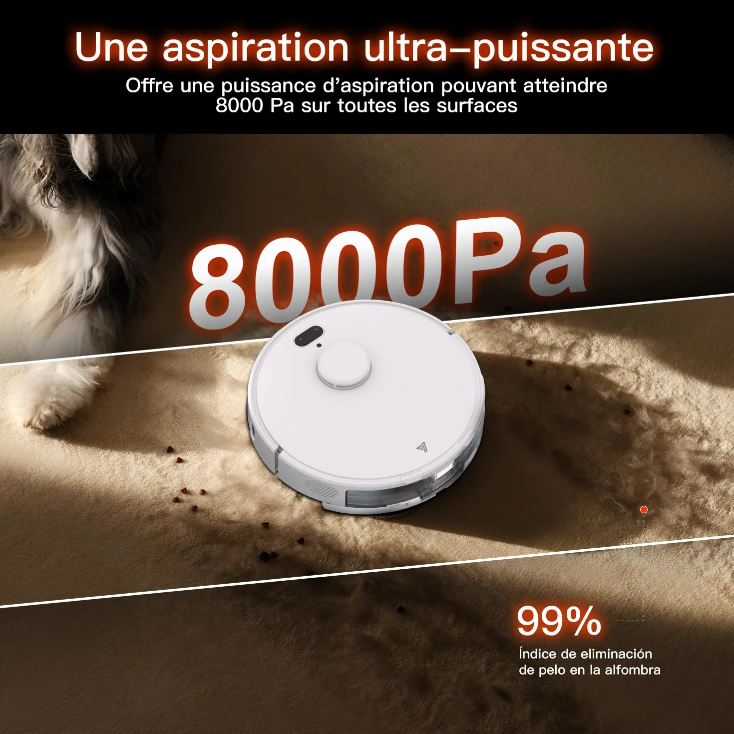 Robot Aspirador y fregasuelos hasta 8000Pa Navegación LiDAR y Mapeo | Potente succión Autovaciado Autonomía de 220 Minutos, Anticolisión, Limpieza Personalizada Control por Voz y App-Blanco