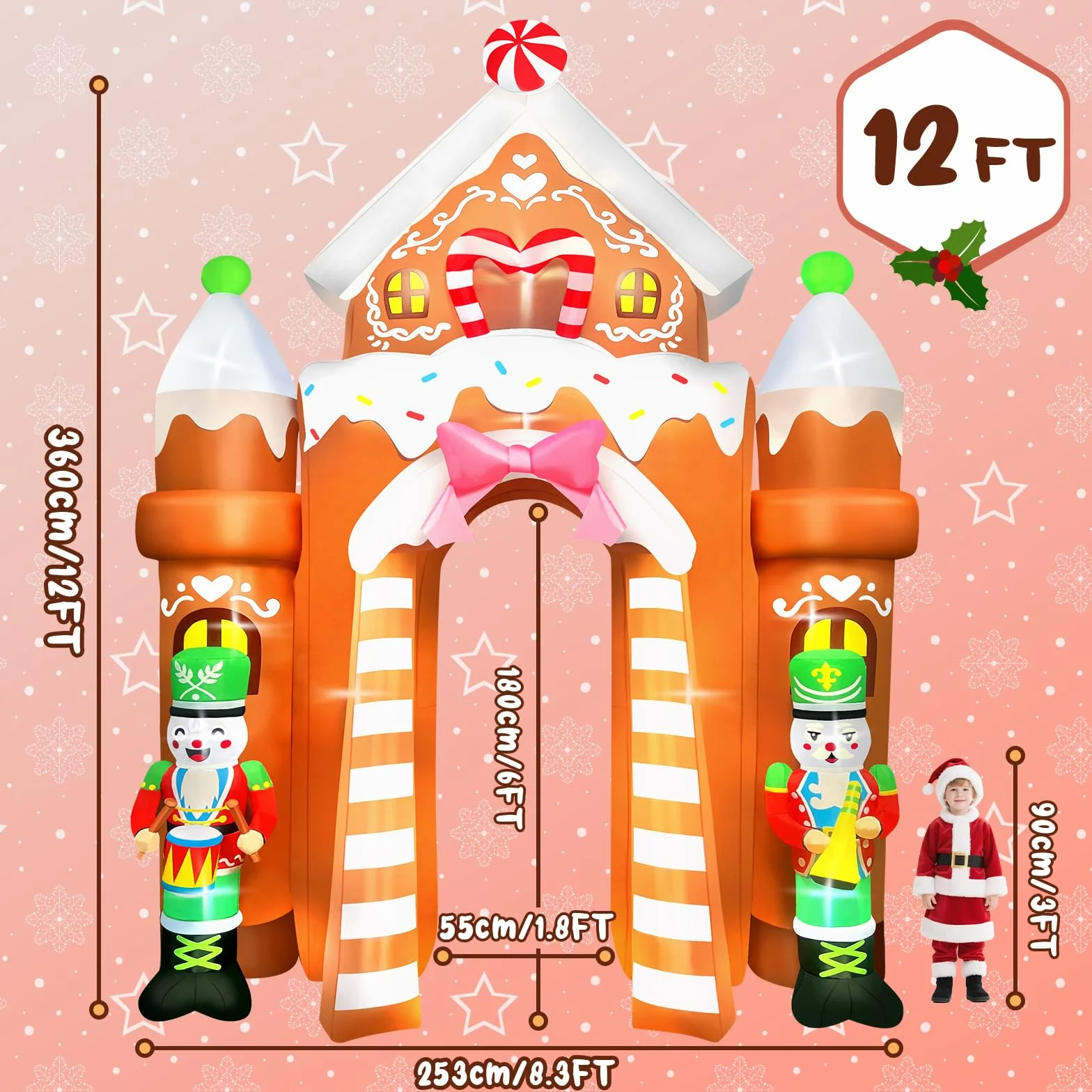Kalolary Decoración de Navidad Hinchable con iluminación LED – Gran Figura de Navidad para Interior y Exterior, decoración navideña para jardín y casa (12FT,Soldados Gingerbread Archway)