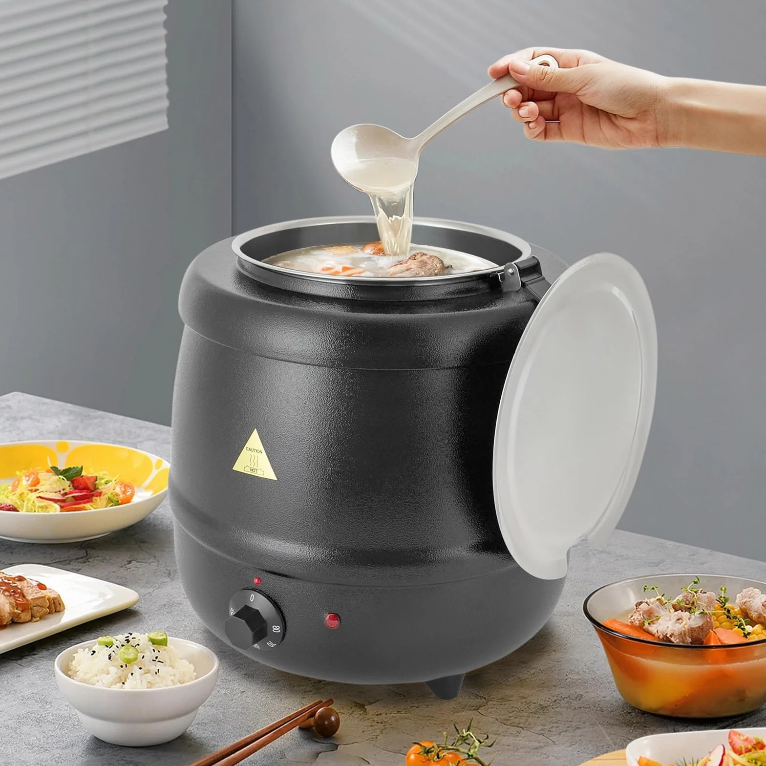 Olla eléctrica para sopa 10L 400W acero inoxidable inserto extraíble tapa abatible regulable 80°C calentador profesional