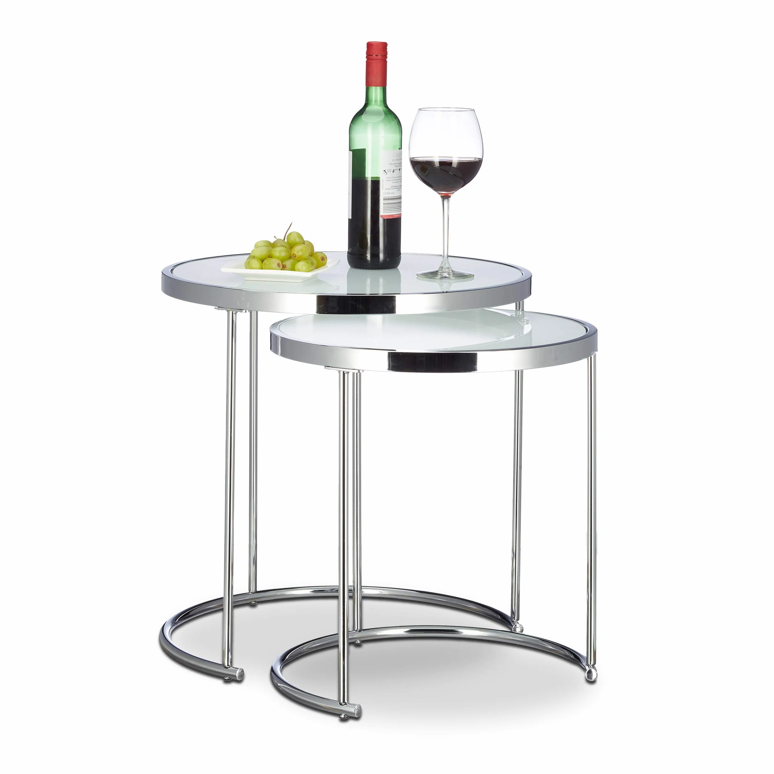 Relaxdays Set 2 Mesas Auxiliares Redondas, Cristal y Acero Cromado, Plata, 51 x 50 x 50 cm