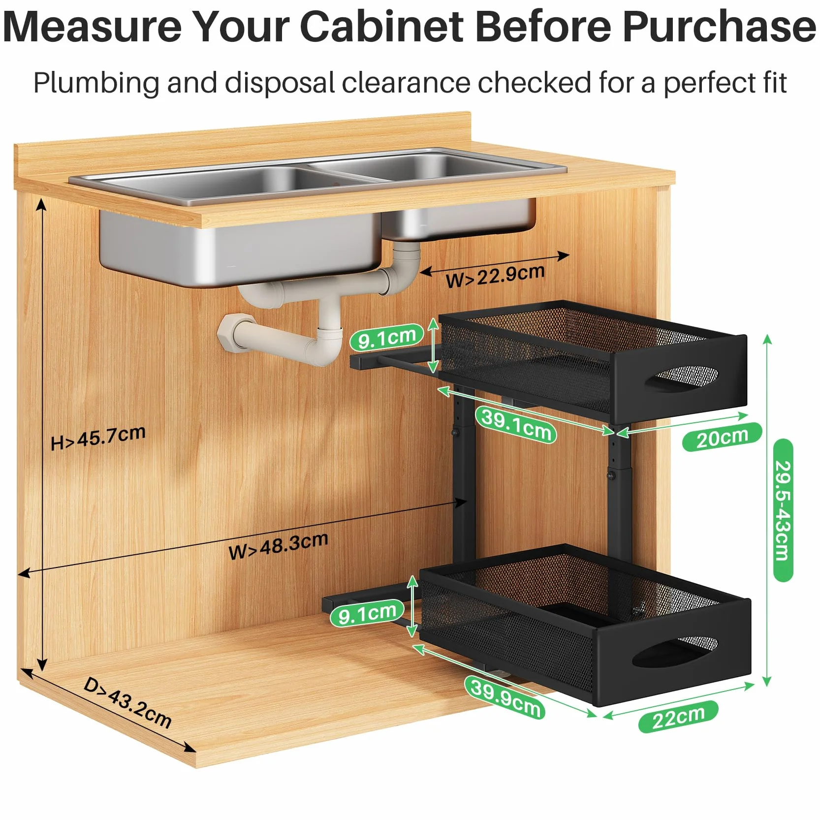Kitstorack Organizador Bajo Fregadero de Metal 2 Niveles Cajones Deslizantes Altura Ajustable Negro