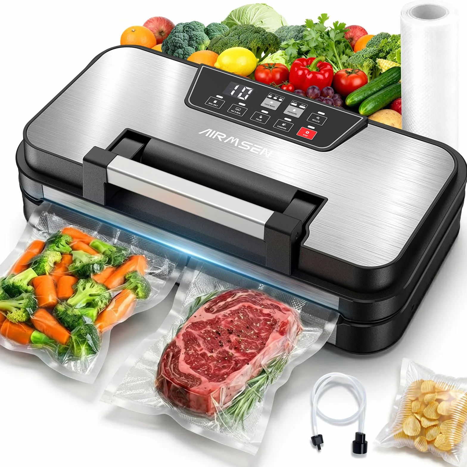 AIRMSEN Envasadora al vacío 95 kPa con función de inflado, modos Seco/Húmedo, doble sellado 30 cm, cortador incorporado, rollo y bandeja extraíble – mantiene los alimentos frescos hasta 8× más tiempo
