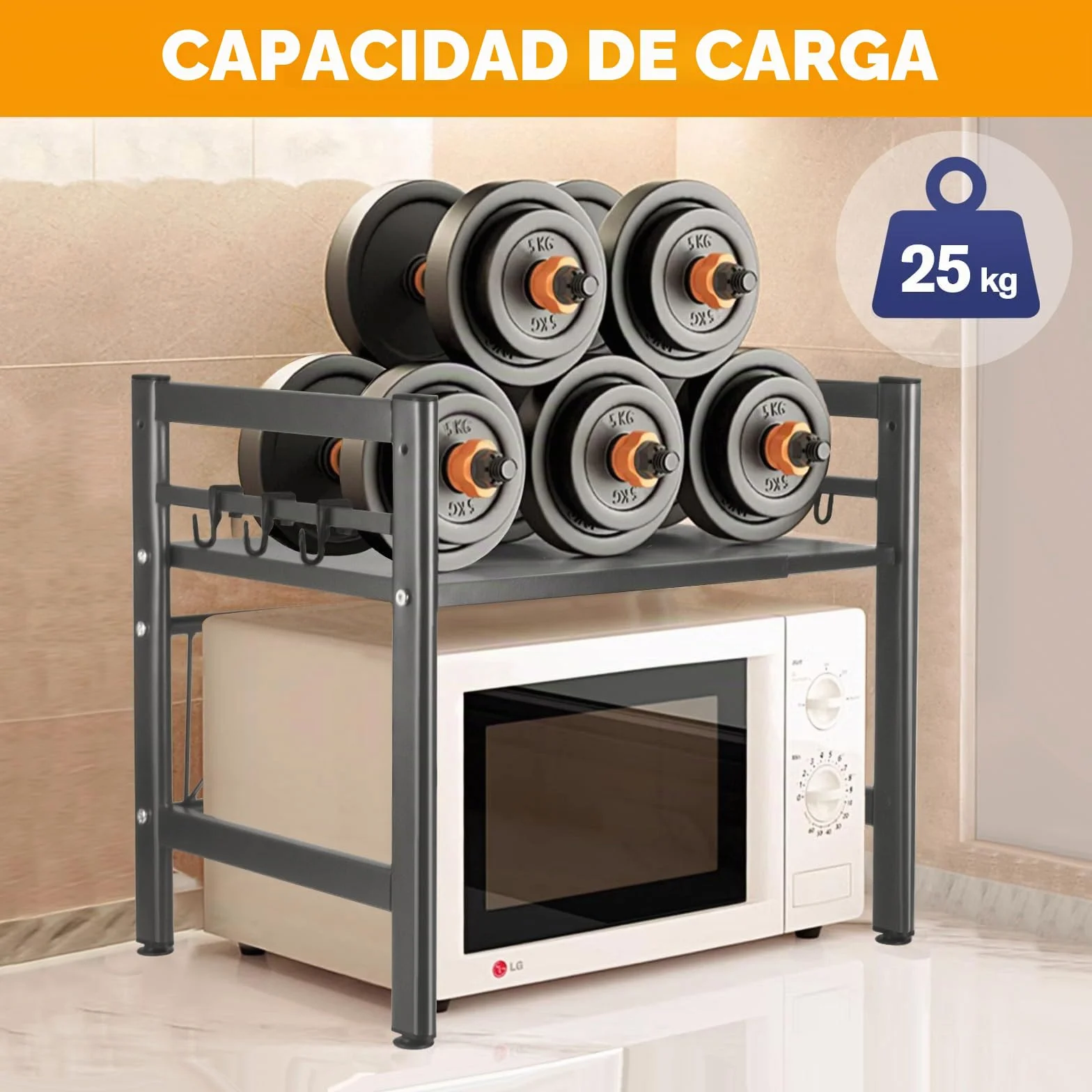 Estantería Extensible para microondas, estantería de Cocina, de pie, para microondas, de pie, Organizador de Cocina, con 6 Ganchos, Organizador para encimeras de Cocina (Gris, un-Nivel)