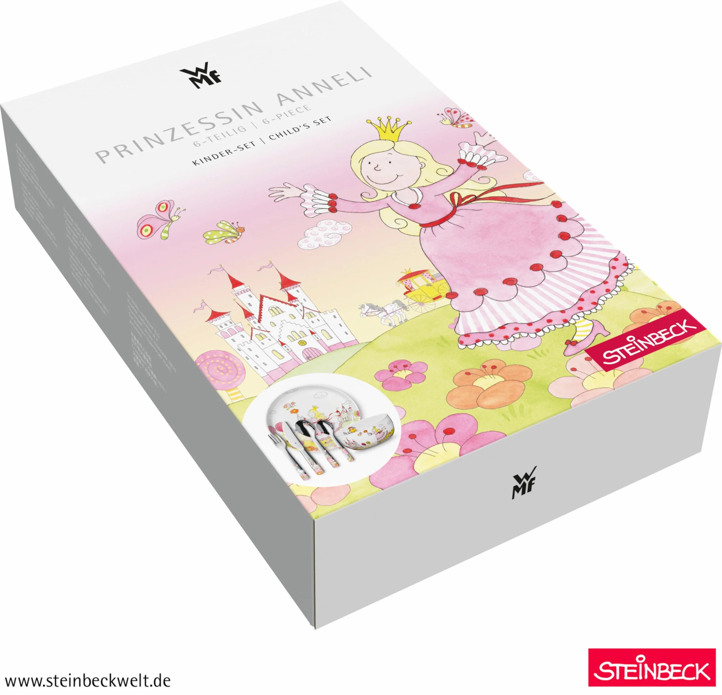 WMF Juego de vajilla infantil Princess Anneli de 6 piezas con grabado – con nombre – Plato de porcelana y cuenco de cereales con cubiertos para niños – Vajilla infantil para comida independiente a