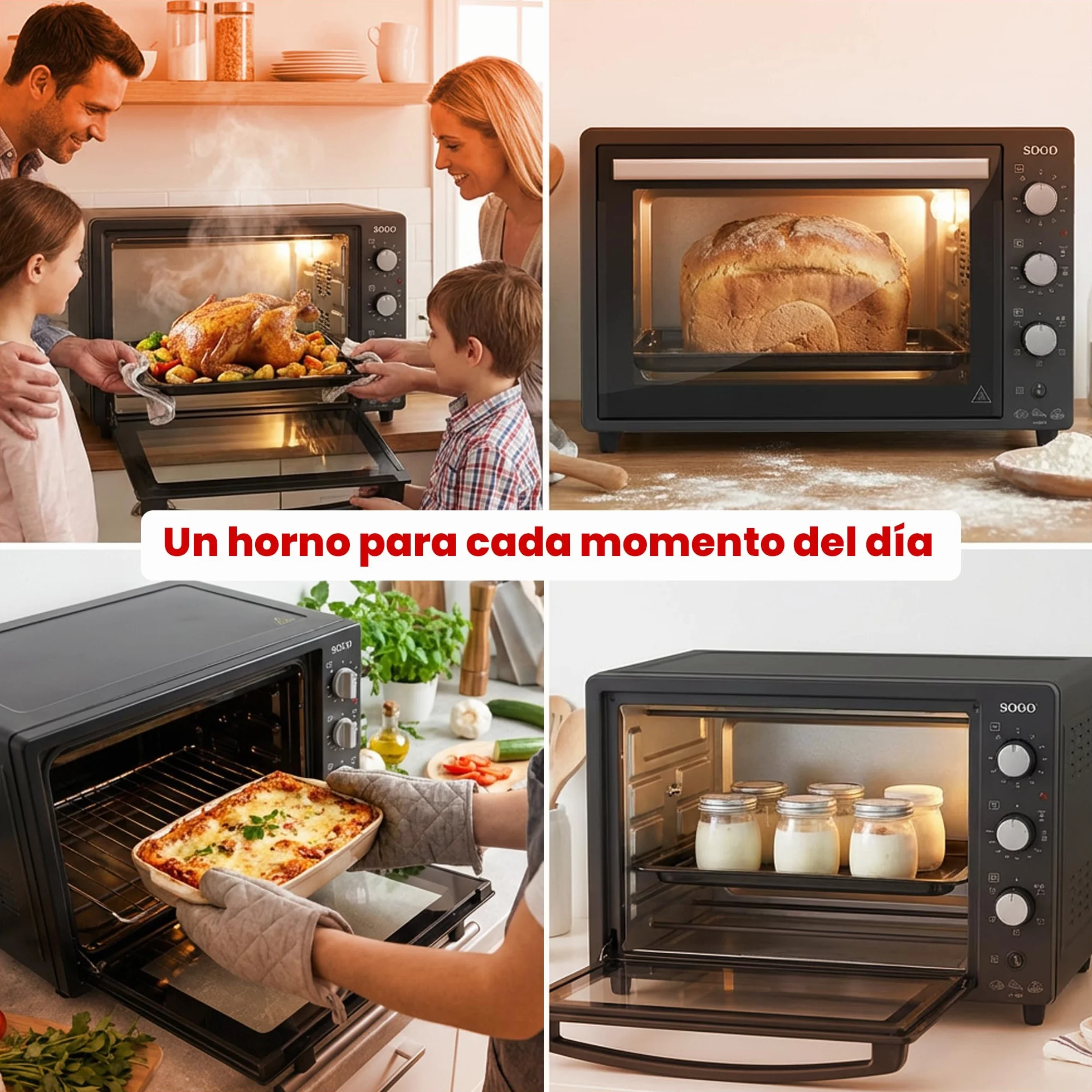 Sogo Horno Sobremesa de Convección 70L - Horno Eléctrico con Rustidor para Asados Jugosos - Horno Multifunción con Gratinador para Recetas Crocantes - Ideal para Cualquier Plato