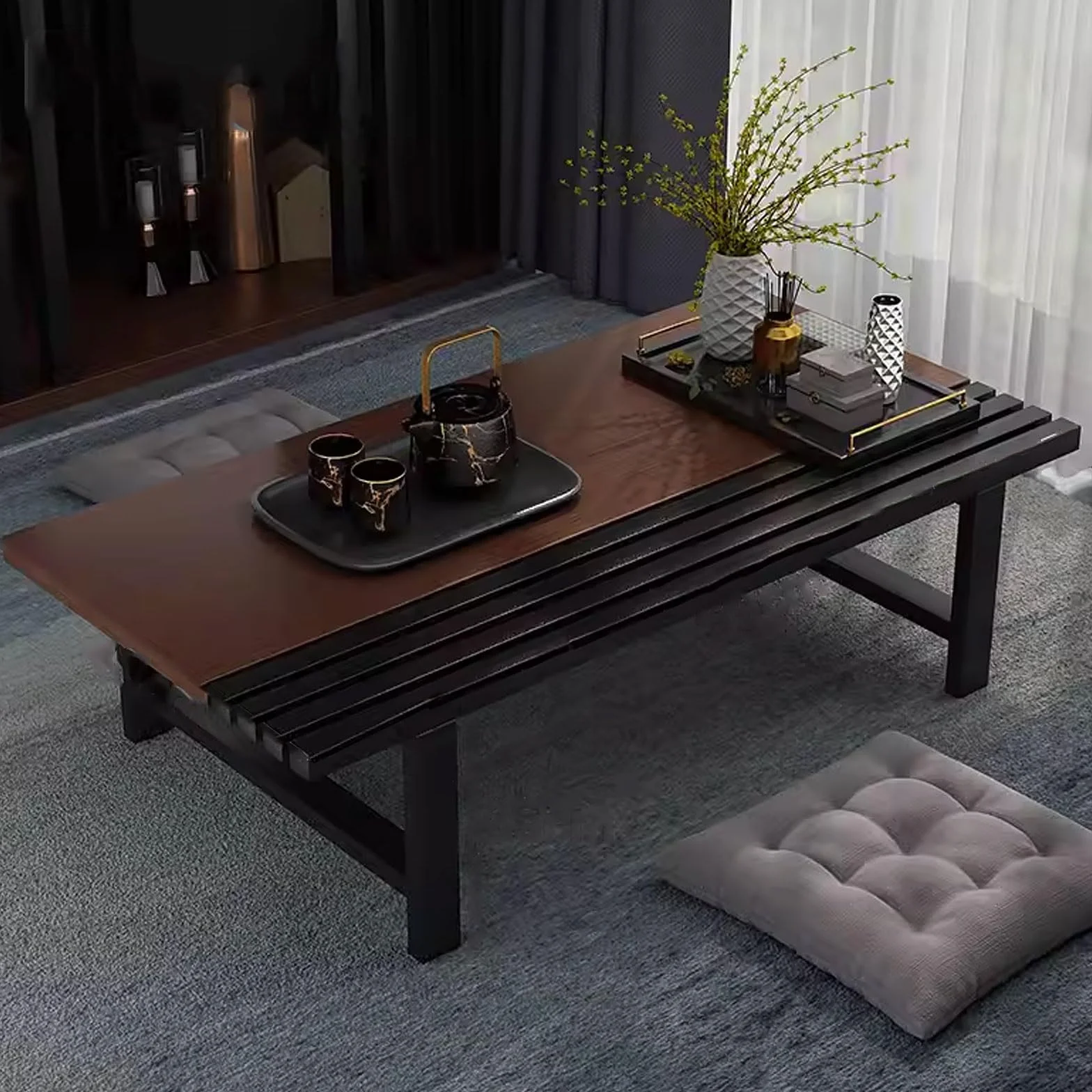 SDdPulse Mesa de comedor japonesa para sentarse en el suelo de metal, mesa baja pequeña de hierro de lujo ligero, marco de acero al carbono resistente, para decoración del hogar, sala de estar, tat