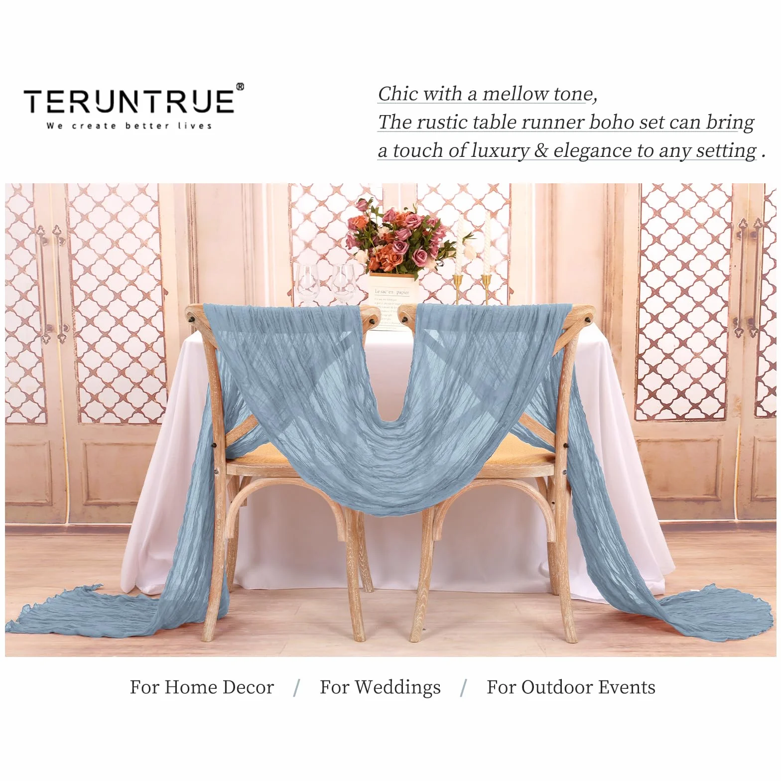 Teruntrue Pack de 20 Camino de Mesa Azul Polvo 45x275 cm, Gasa Transparente Boho para Boda, Ducha de Novia, cumpleaños, hogar, jardín, Granja