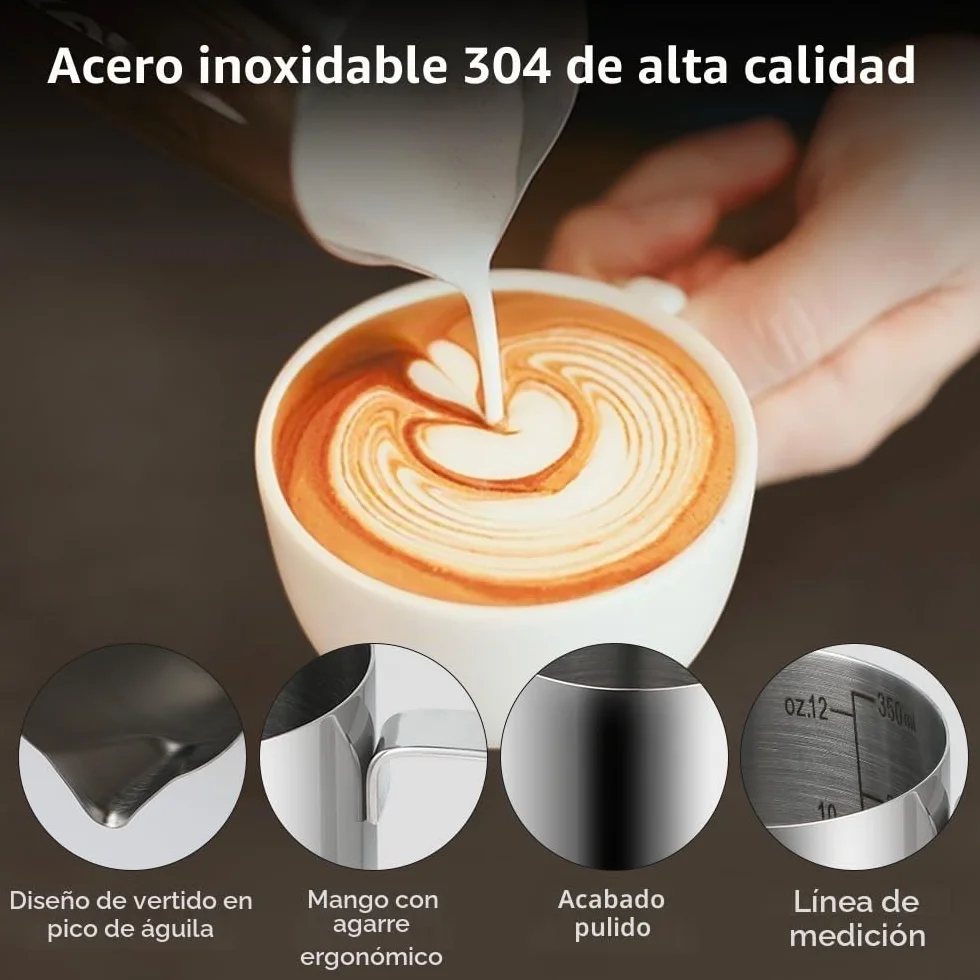 KITDAHOM Jarra de espuma de leche de acero inoxidable 350 ml con escala, dispensador de nata y aguja para latte-art para baristas