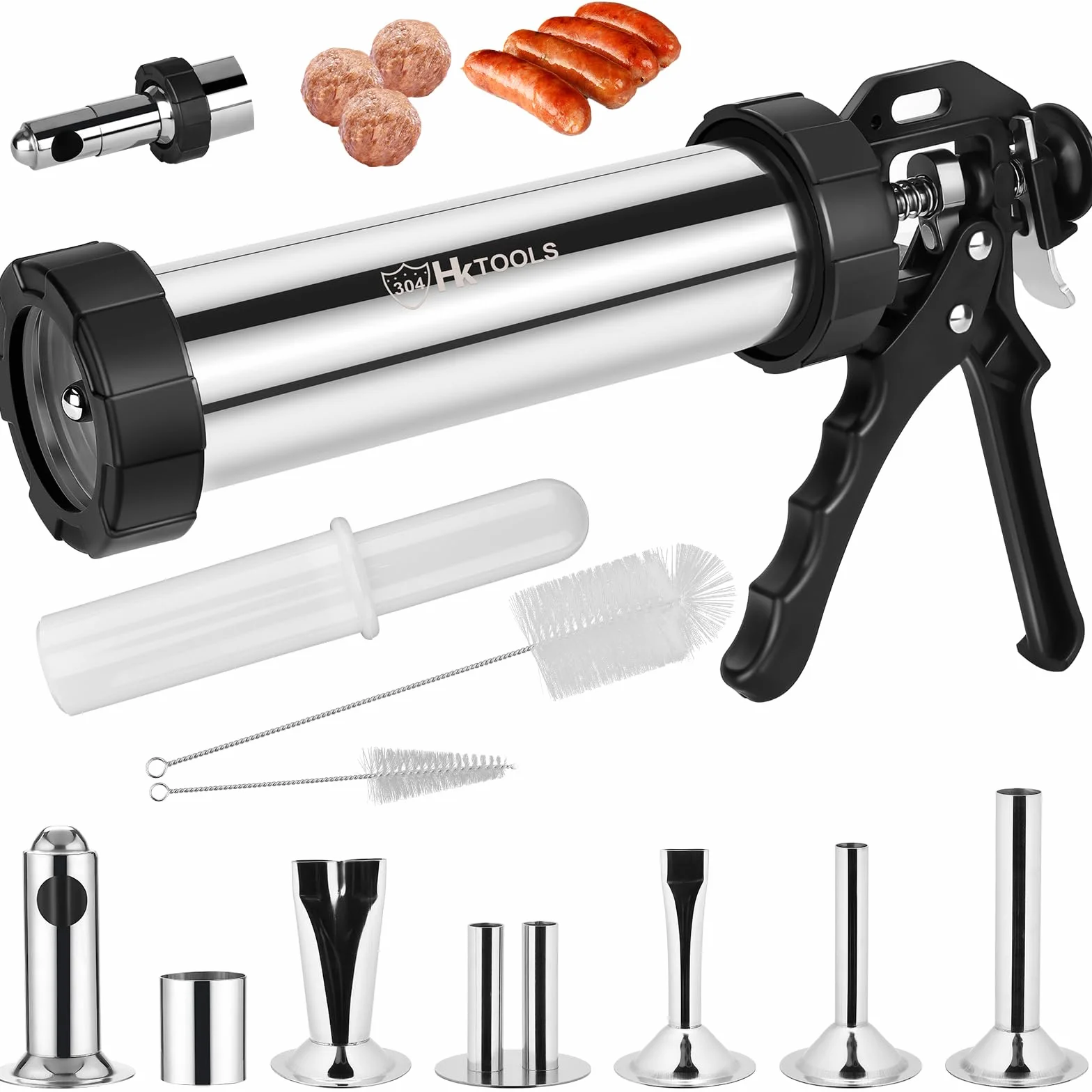 HK Kits de pistola de cecina, pistola para hacer cecina, máquina de albóndigas, pistola de acero inoxidable de 2.5 libras para hacer salchichas con 5 boquillas de acero inoxidable, 2 cepillos de