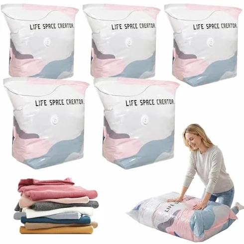 Bolsas de almacenamiento al vacío para ropa, edredones, mantas, 3 sacos de compresión resistentes, no necesita bomba, sello hermético que protege la ropa de cama del polvo y la humedad
