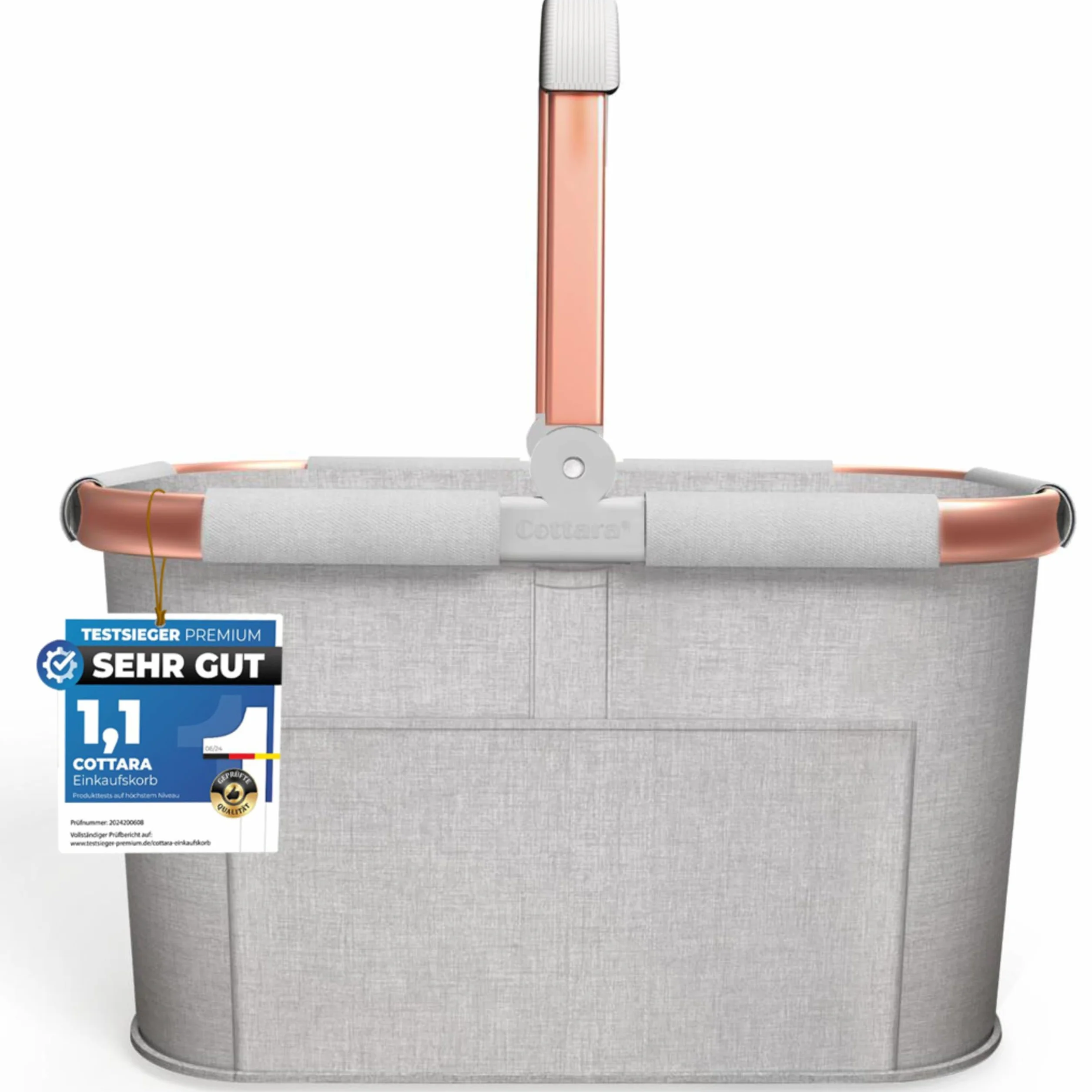 Cottara Cesta de la compra grande estable, cesta de transporte con asa y base reforzada, compartimento frontal y bolsillo interior con cremallera, ideal como bolsa de la compra, cesta de picnic o