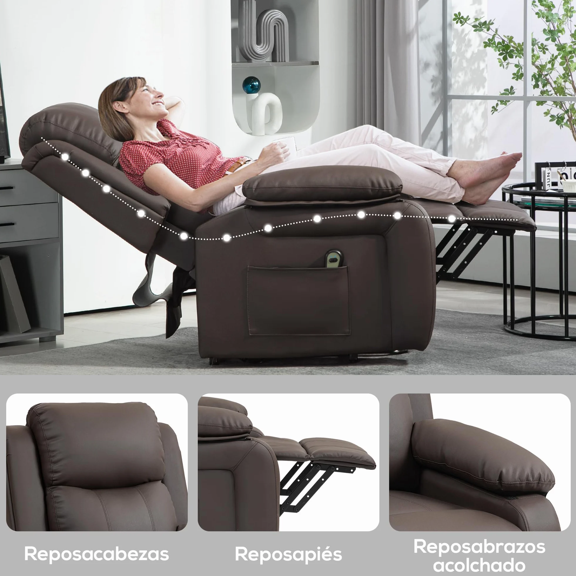 HOMCOM Sillón Relax Eléctrico Reclinable Levanta Personas, Sillón Elevador, con Respaldo Alto, Control Remoto, Reposapiés, Acolchado Grueso, Tapizado en PU, Bolsillos Laterales, Marrón Oscuro
